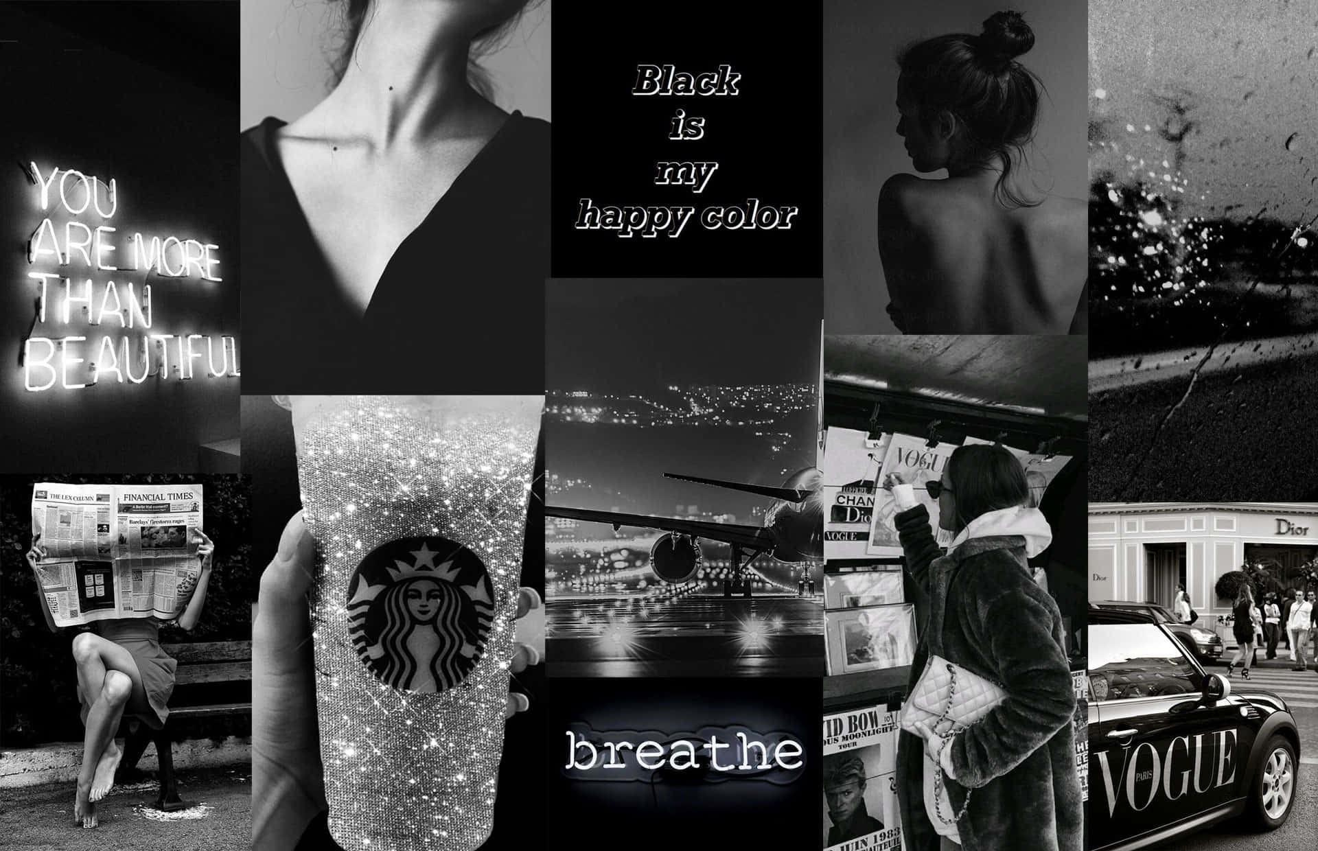 Black And White Collage 桌布 壁紙 — 以時尚模特兒、奢侈品牌和勵志語錄為特色的黑白城市風格時刻拼貼。