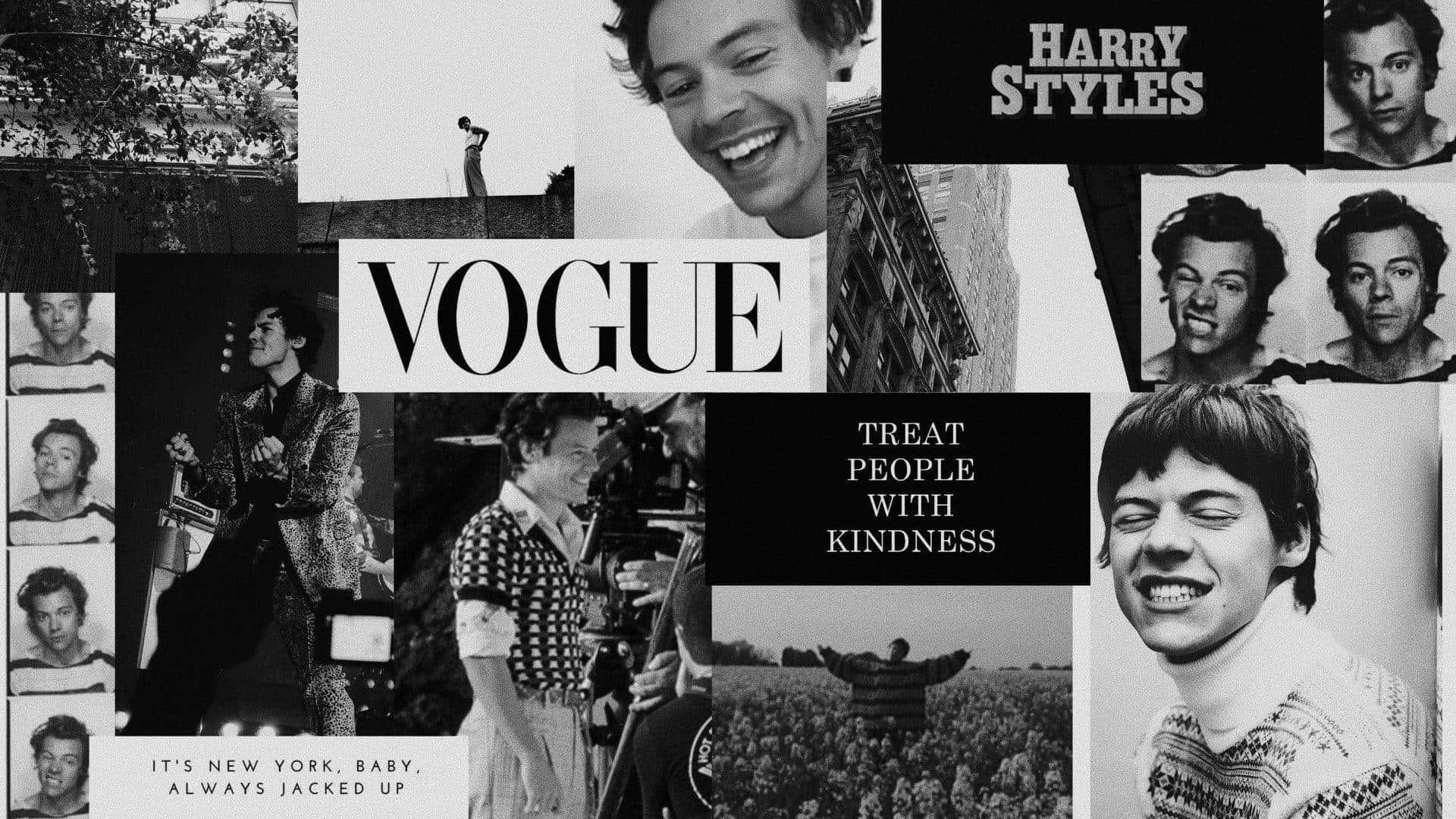 Harry Styles Black And White 桌布 壁紙 — 以時尚編輯排版呈現的Harry Styles照片、Vogue雜誌文字和引言的黑白拼貼畫。