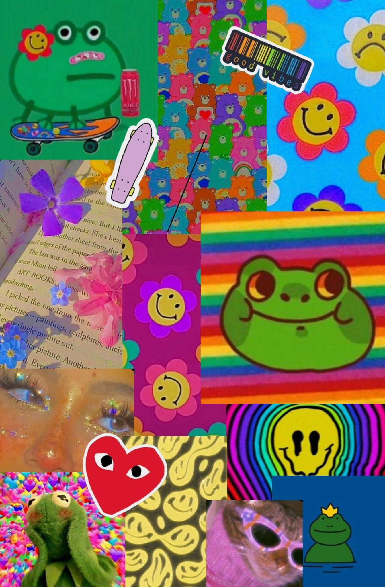 Frog 桌布 壁紙 — 以普普藝術風格呈現的卡通青蛙、笑臉、滑板和彩虹圖案的鮮豔拼貼畫。