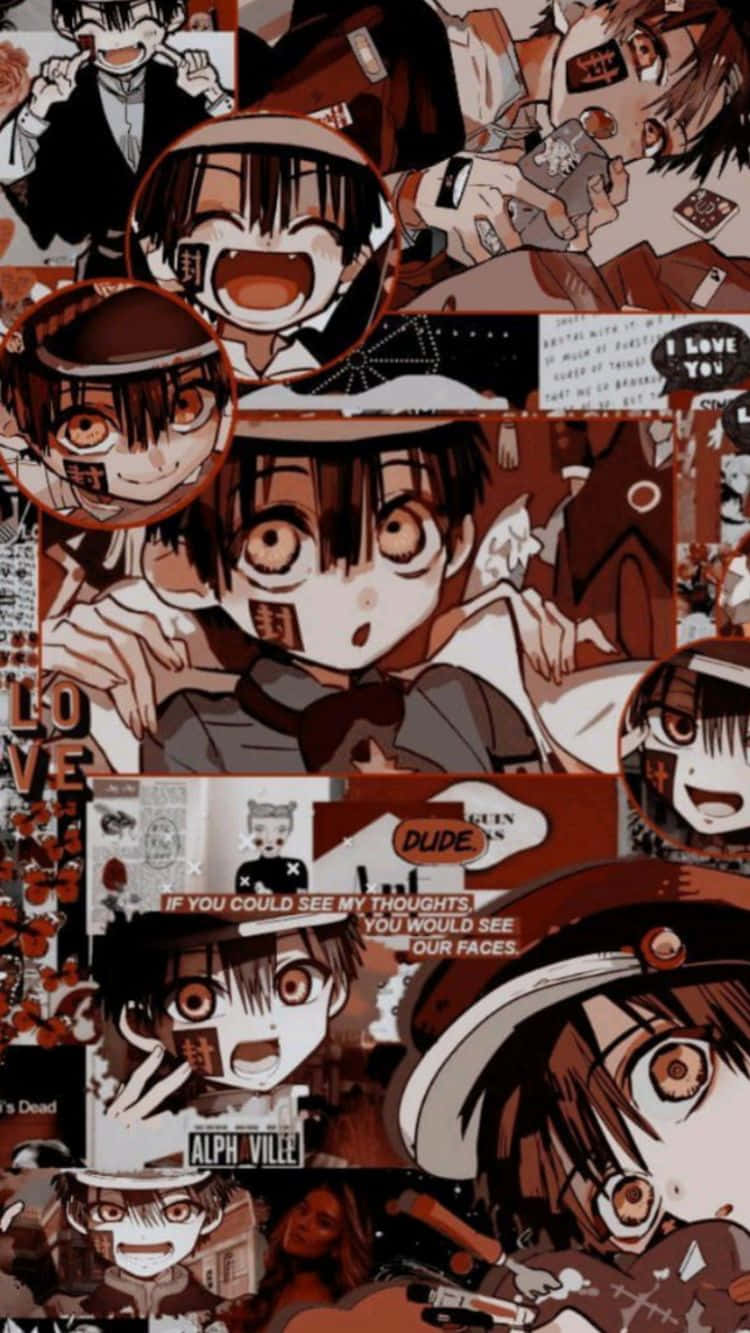 Hanako Kun 桌布 壁紙 — 以暖棕色調拼貼出表情豐富的動漫角色和漫畫風格文字。