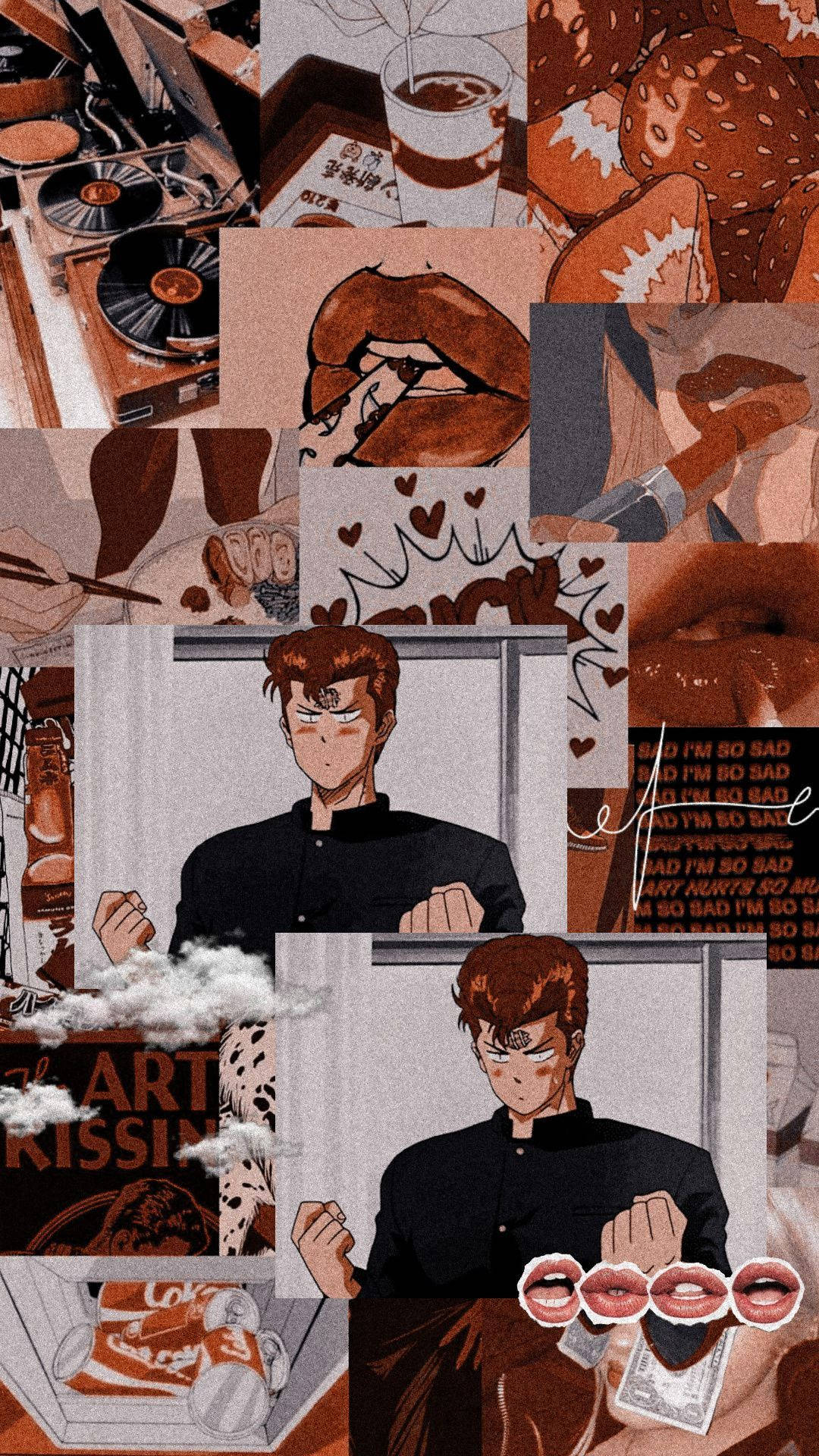 Slam 桌布 壁紙 — 以暖色調呈現的動漫風格插圖拼貼，包含中心角色、咖啡、黑膠唱片和浪漫主題。