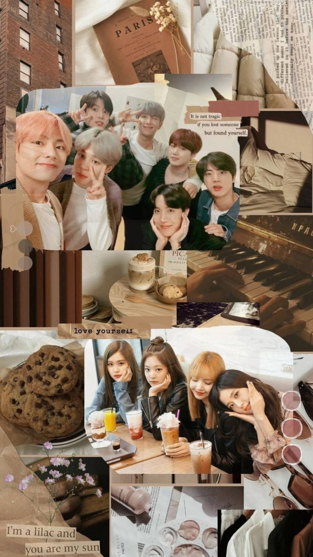 BTS 和 BLACKPINK 桌布 壁紙 — 以暖色調拼貼K-pop偶像、咖啡飲品、餅乾和巴黎主題裝飾，營造舒適美學。