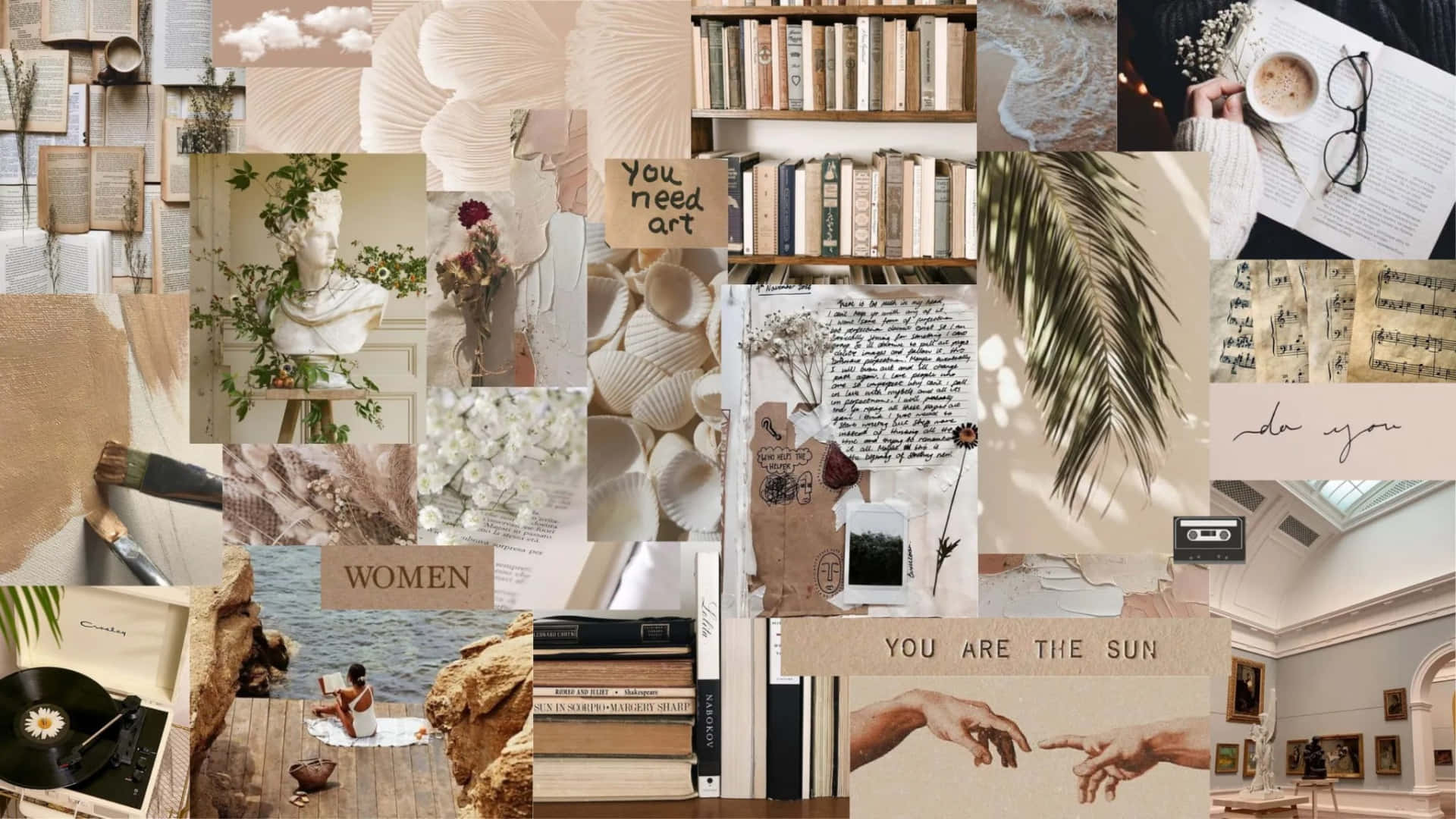 Aesthetic Collage Desktop 桌布 壁紙 — 以書籍、藝術、自然和復古物品組成的美學米色調拼貼畫，營造出舒適創意的氛圍。