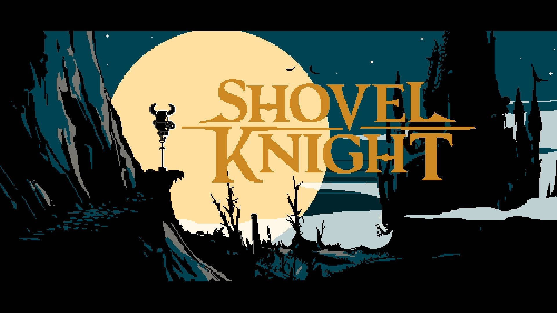 Shovel 桌布 壁紙 — 以月光下的城堡剪影和枯樹為背景的鏟子騎士像素藝術遊戲標題畫面。
