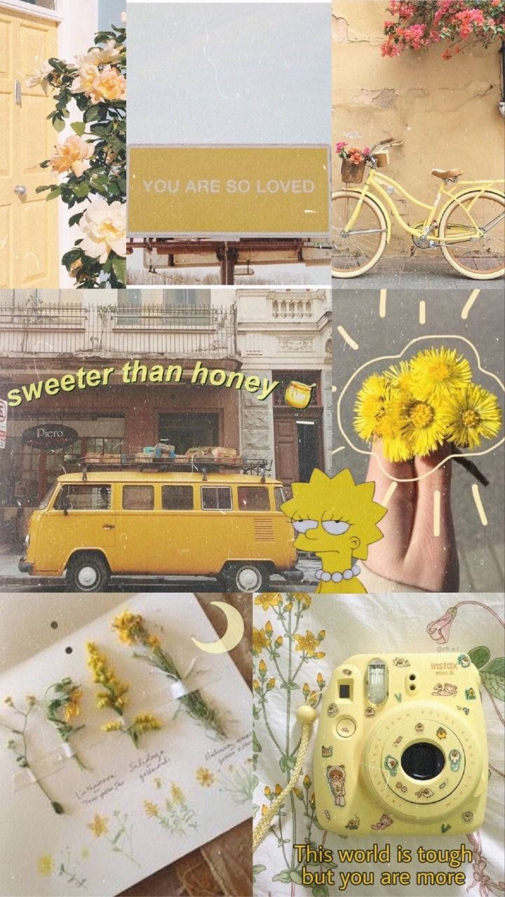美學 桌布 壁紙 — 以柔和夢幻美學為主題的粉黃色拼貼畫，包含花朵、腳踏車、貨車、相機和手寫語錄。