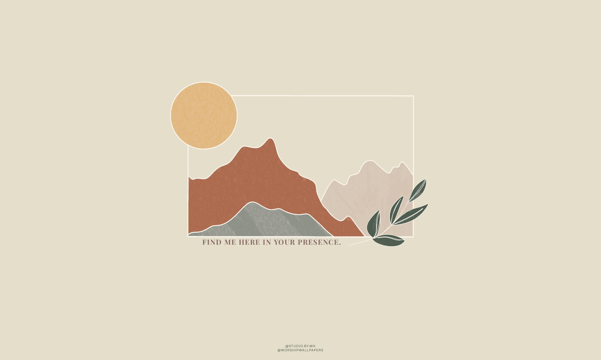 Minimalist Aesthetic 桌布 壁紙 — 以柔和大地色調呈現的極簡抽象山脈剪影，包含太陽和葉子，並以細長矩形框起。