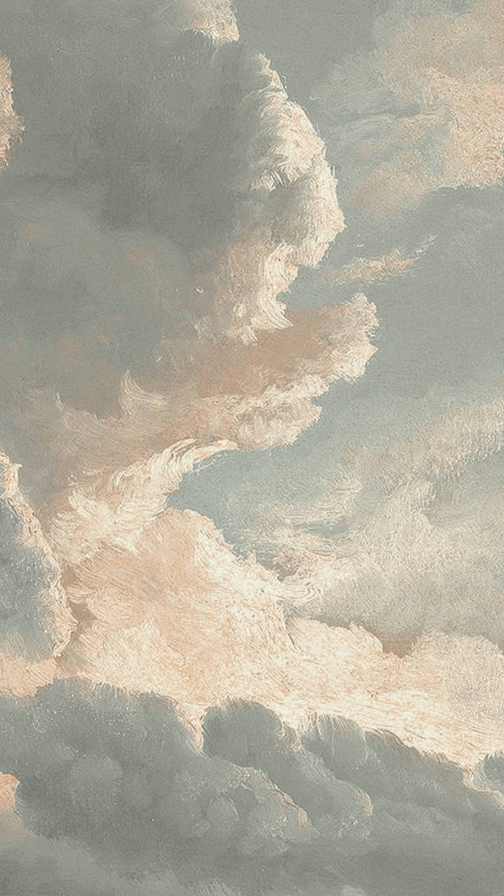 Clouds Aesthetics 桌布 壁紙 — 以柔和灰色和溫暖蜜桃色調繪製的戲劇性雲彩，在帶有可見筆觸的陰鬱天空中旋轉。