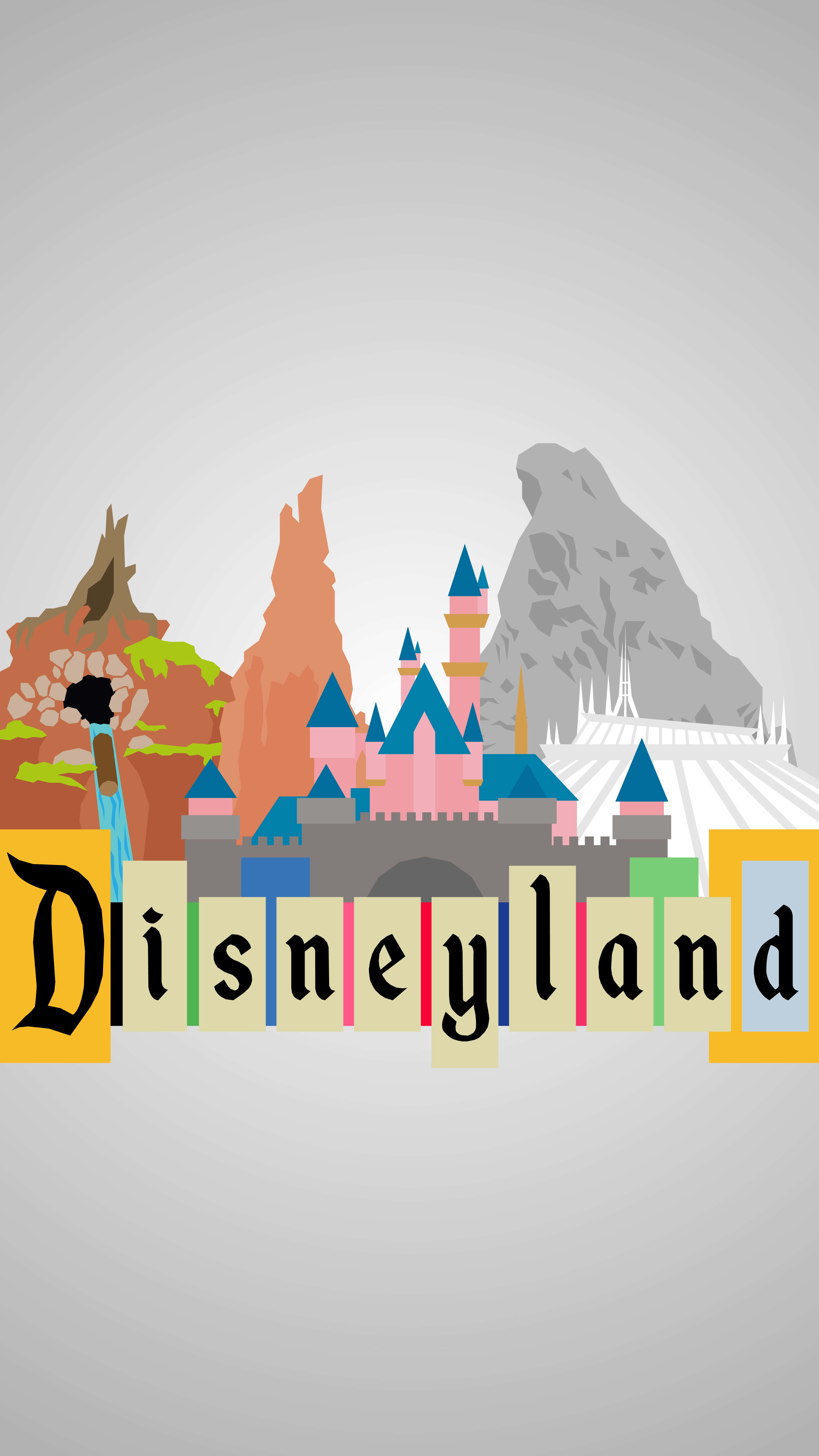 Disneyland 桌布 壁紙 — 以柔和灰色背景襯托，迪士尼樂園標誌性城堡及地標的風格化插圖。