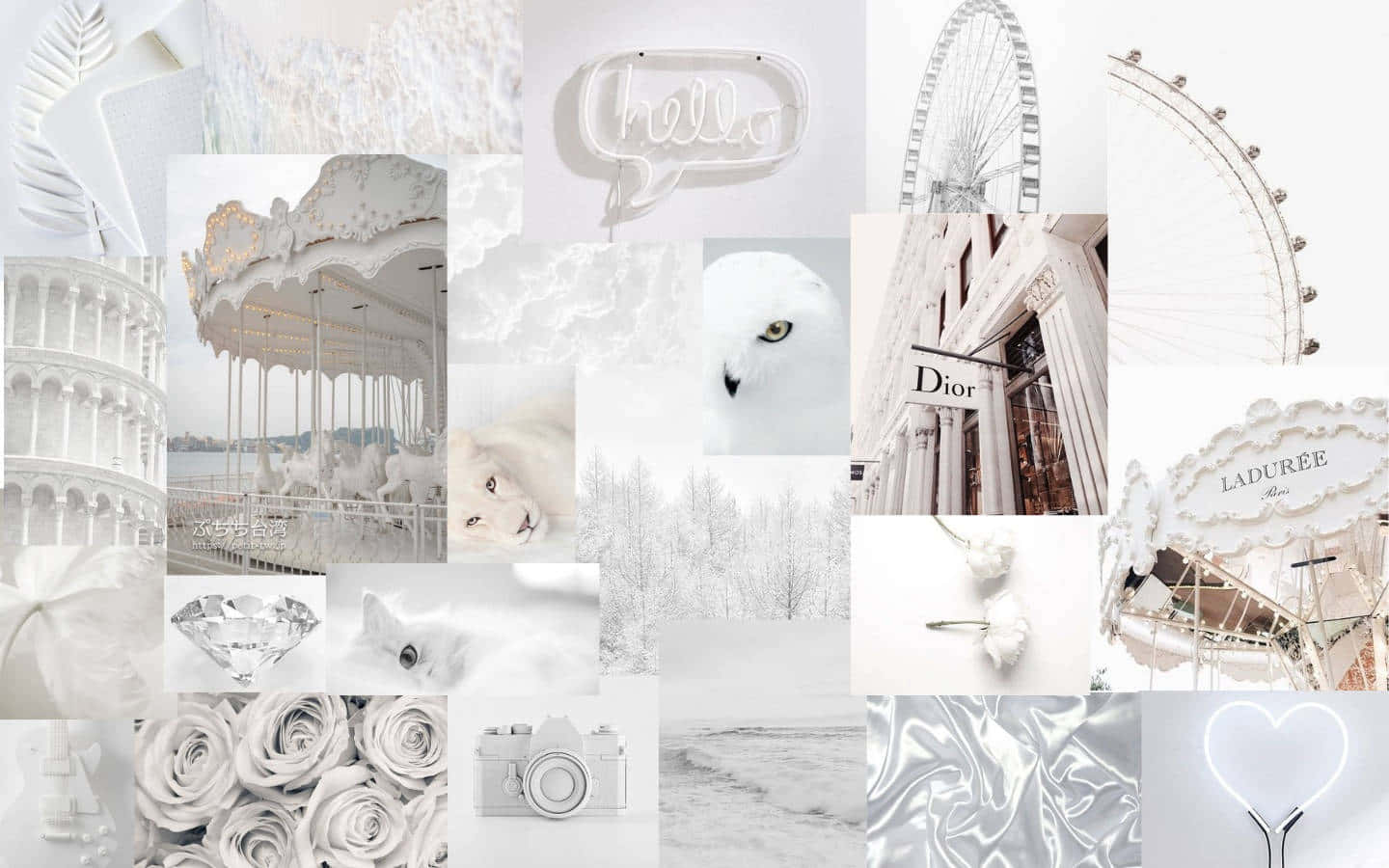 Aesthetic Tumblr Desktop 桌布 壁紙 — 以柔和白色調呈現的奢華與優雅黑白拼貼，包含旋轉木馬、鑽石、相機、玫瑰和標誌性地標。