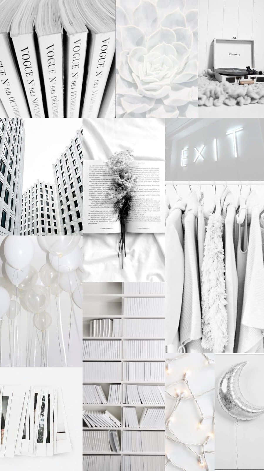 White Aesthetic Collage 桌布 壁紙 — 以柔和白色調呈現的極簡黑白拼貼，包含書籍、時尚、裝飾及都市元素。