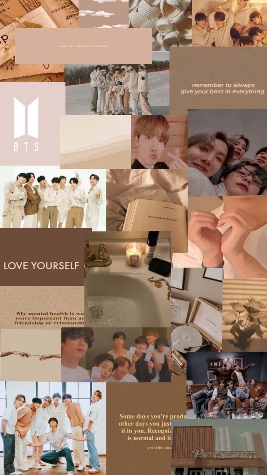 Korean Beige Aesthetic 桌布 壁紙 — 以柔和米色和奶油色調呈現的BTS照片、溫馨時刻、語錄和自愛訊息的暖色調拼貼畫。