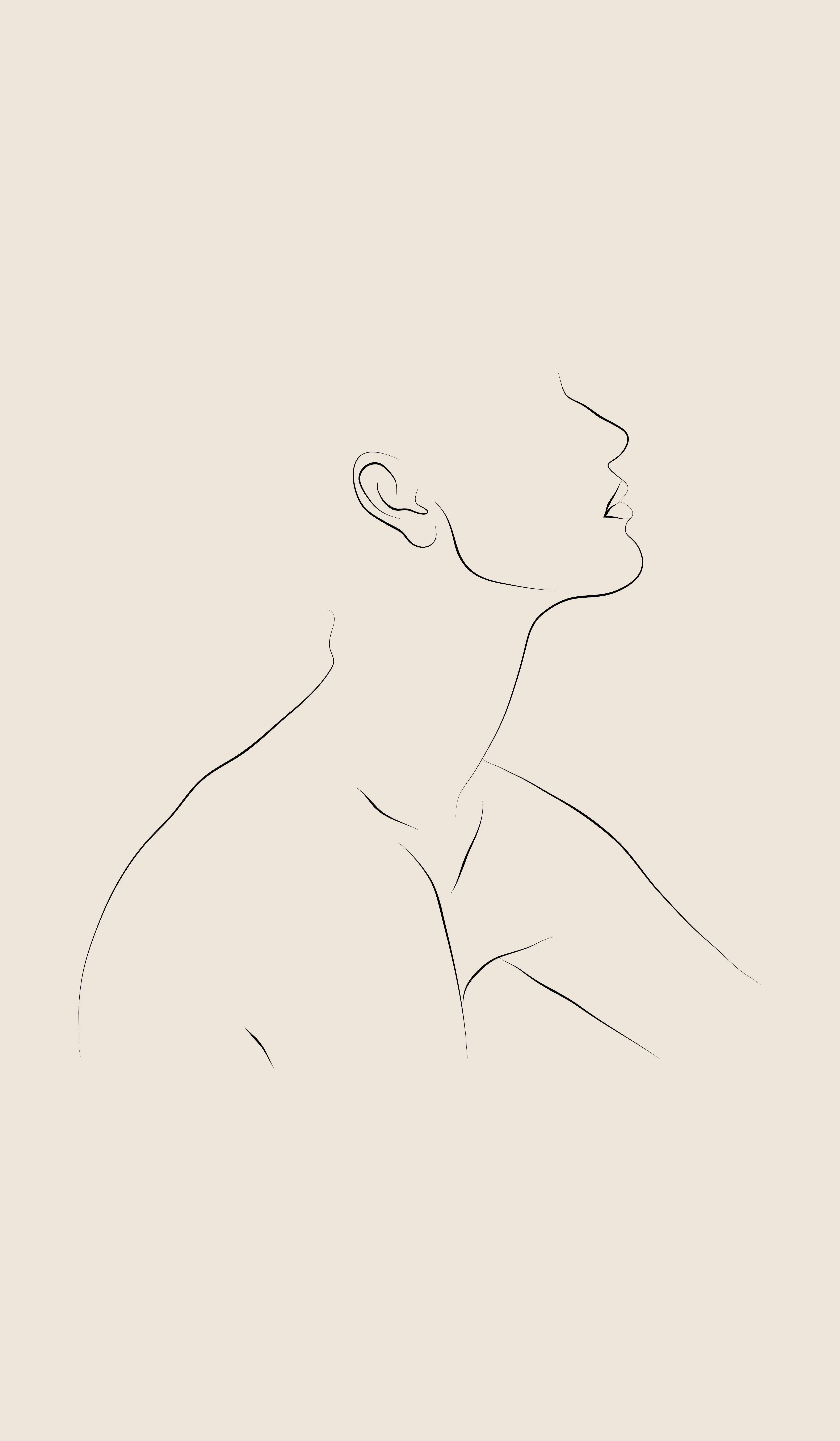 Outline 桌布 壁紙 — 以柔和米色背景襯托的人類頸部和肩部輪廓的極簡線條畫。