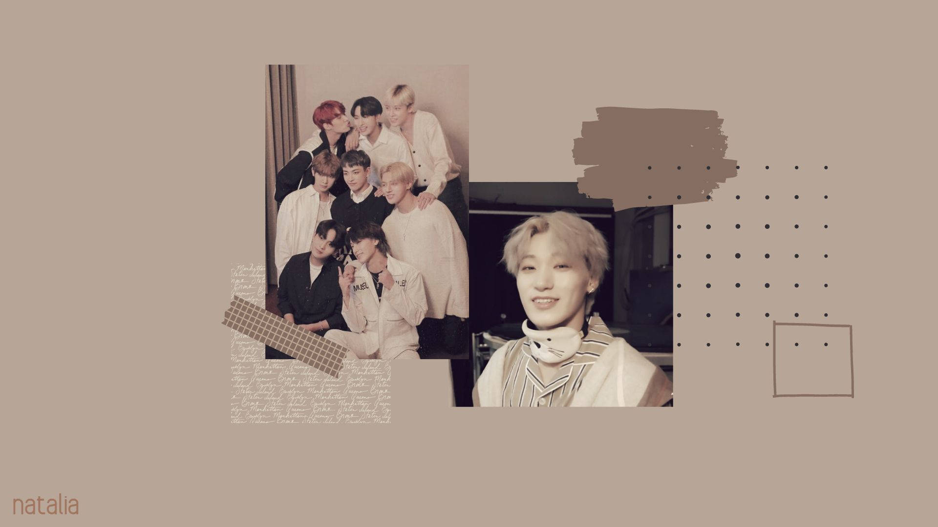 Ateez Desktop 桌布 壁紙 — 以柔和米色調、幾何圖案和文字疊加在柔和背景上的K-pop偶像拼貼畫。