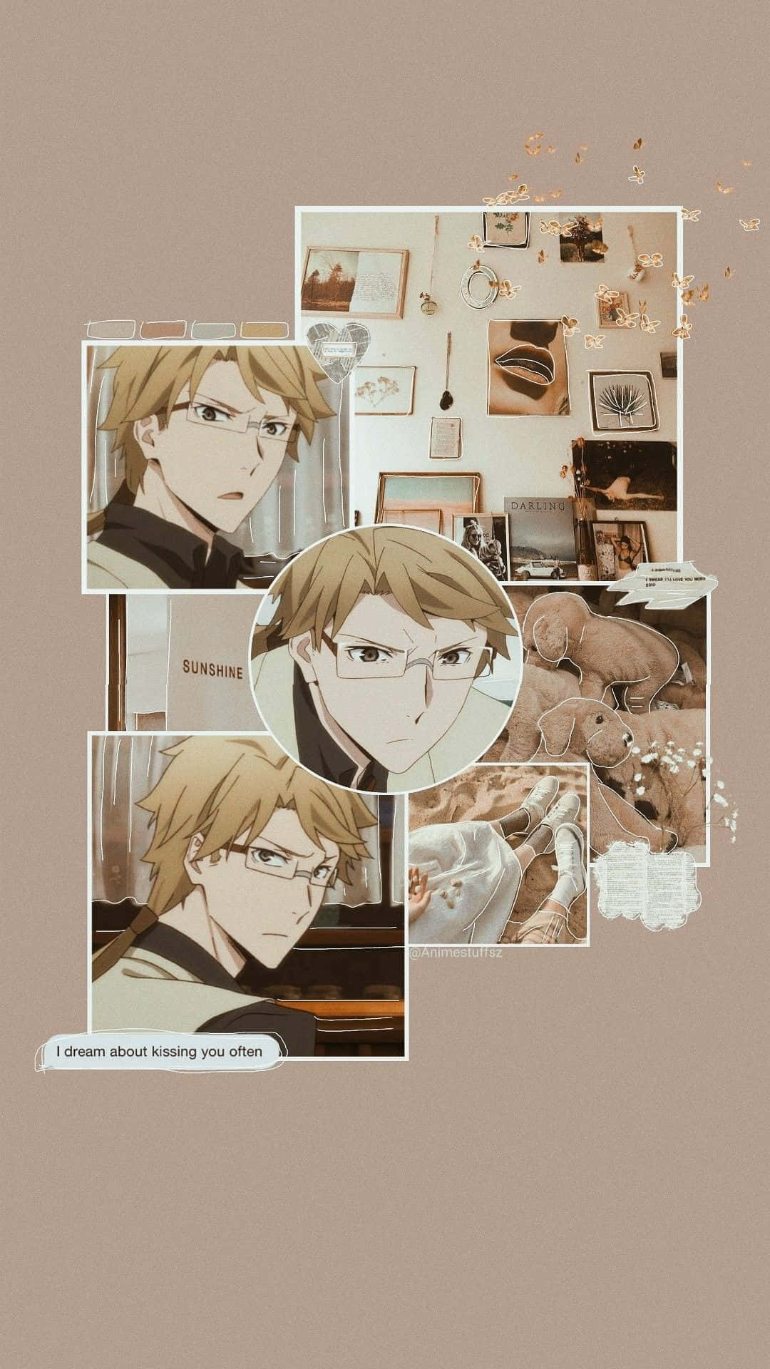 Kunikida 桌布 壁紙 — 以柔和米色調和裝飾元素為特色，展示戴眼鏡金髮男性角色在不同姿勢和場景中的動漫風格照片拼貼。