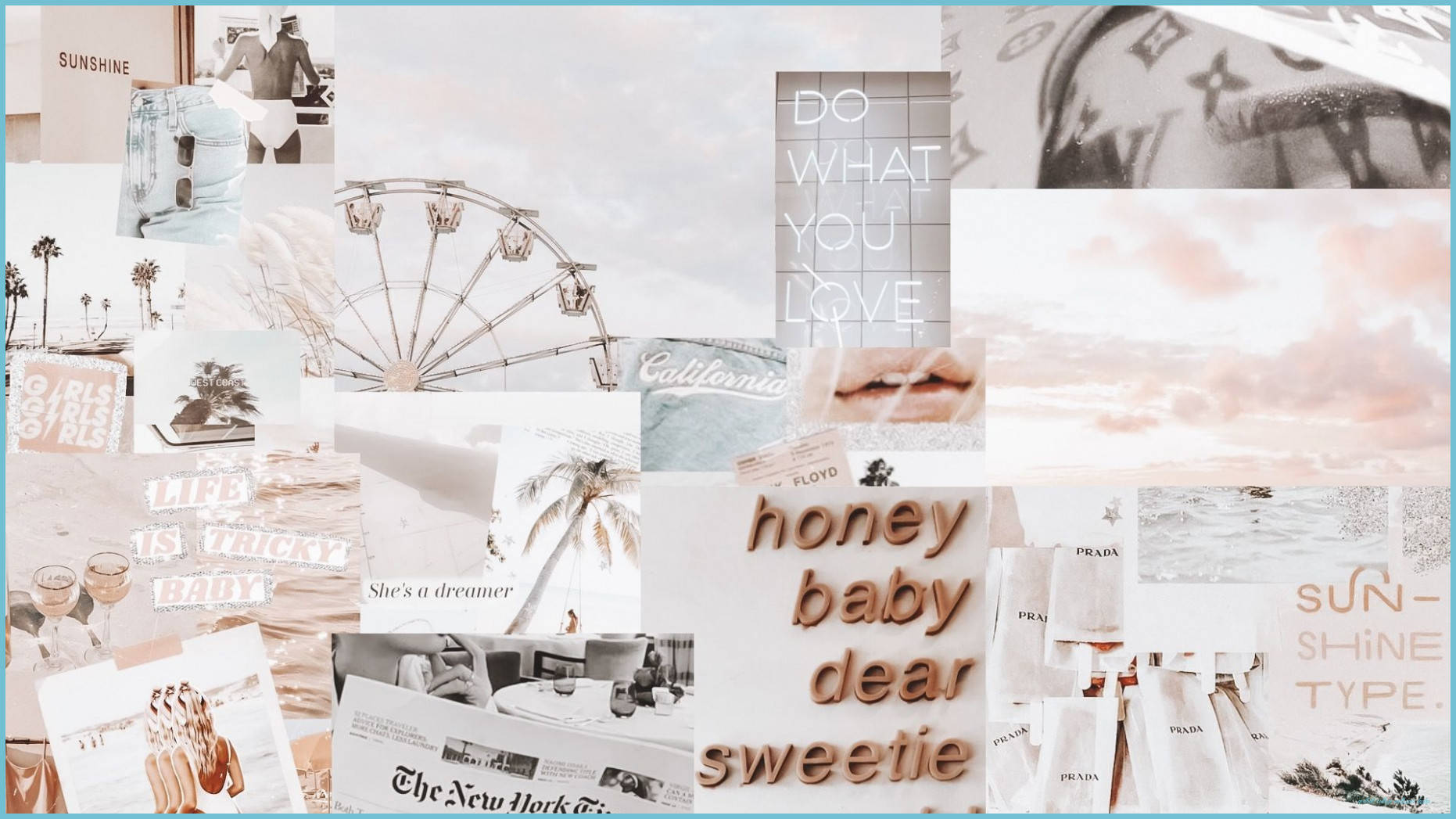 Cute Collage 桌布 壁紙 — 以柔和粉彩拼貼旅行照片、時尚單品和勵志語錄，營造夢幻美學。