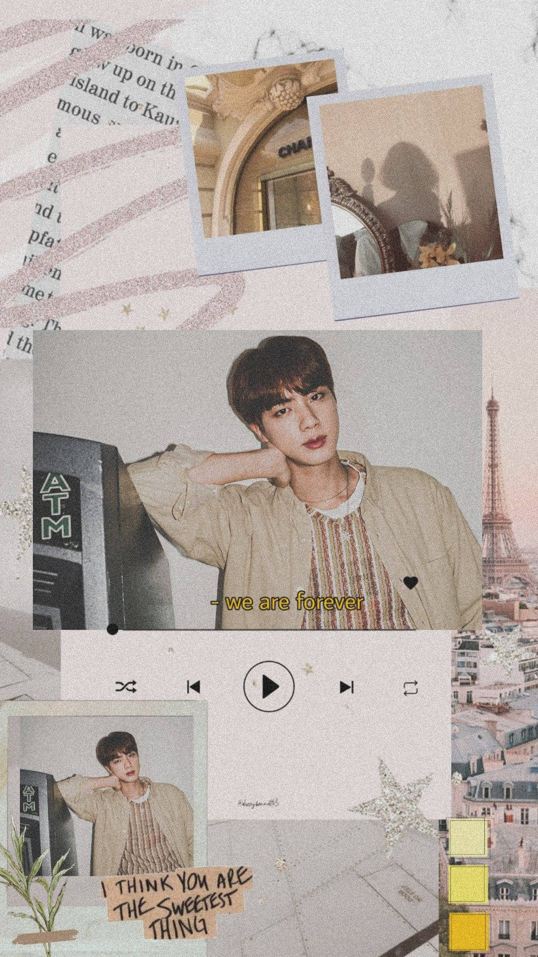 BTS Jin 桌布 壁紙 — 以柔和粉彩美學呈現的拍立得風格照片拼貼， featuring 一位年輕男子、文字疊加和巴黎地標。