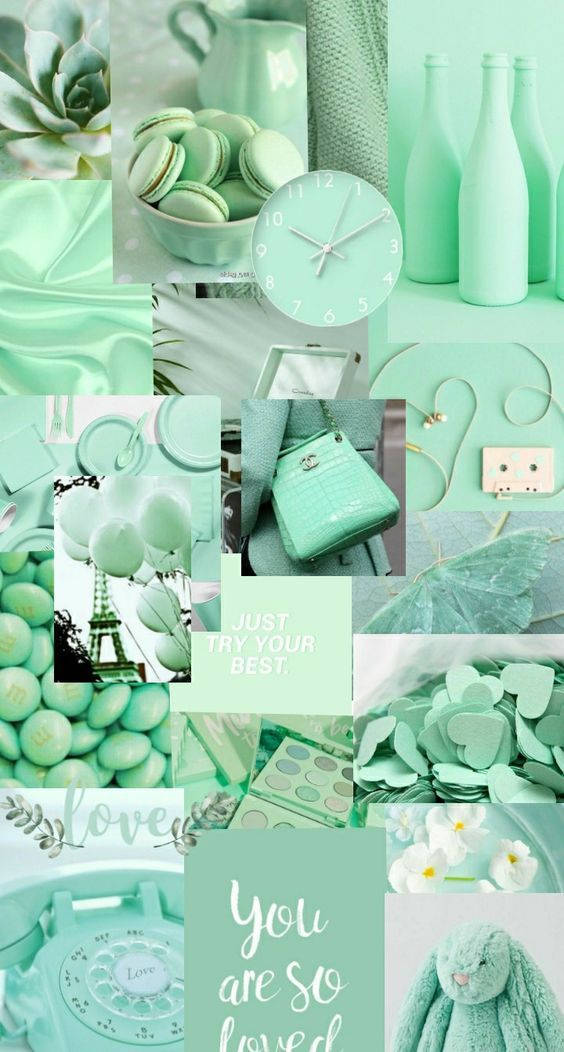Mint Green iPhone 桌布 壁紙 — 以柔和粉彩美學呈現的舒緩薄荷綠色拼貼，包含馬卡龍、復古電話、多肉植物和勵志名言。