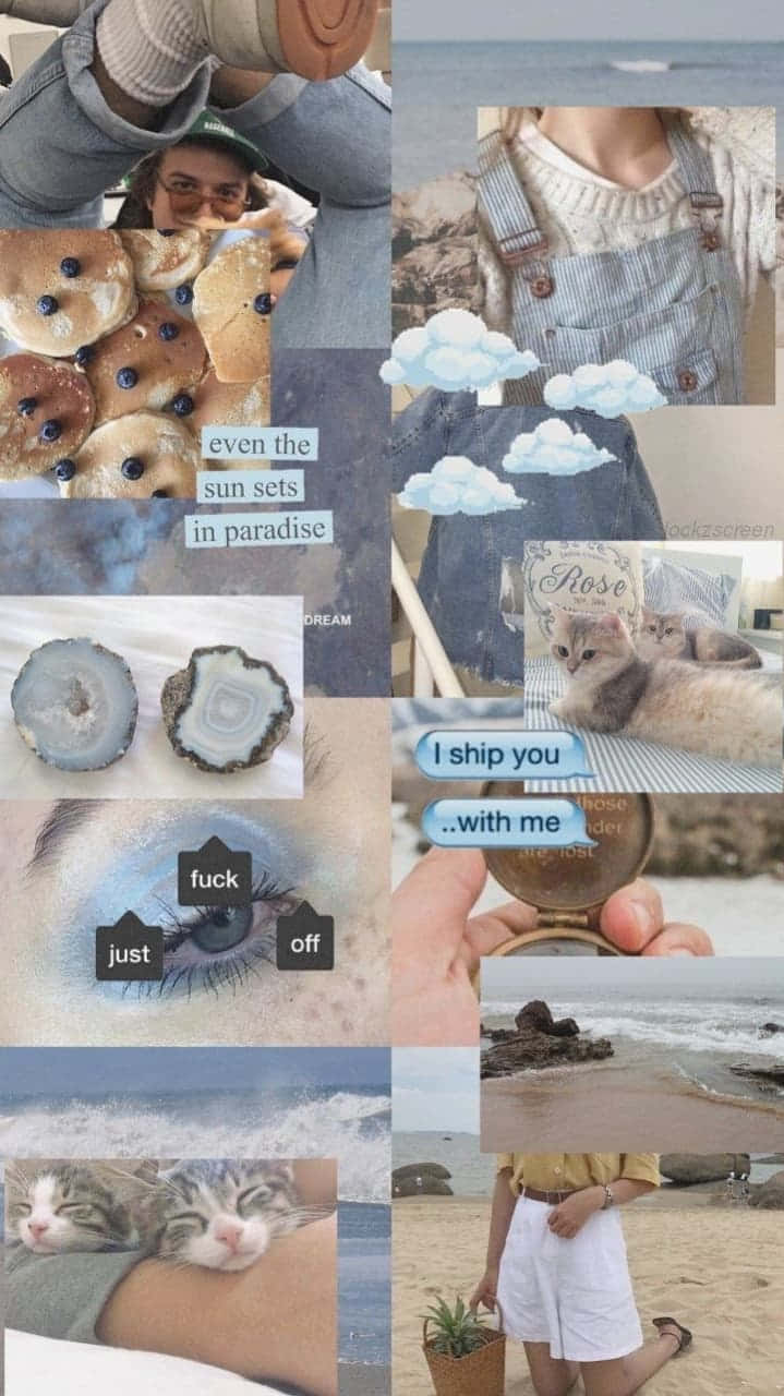 桌布 壁紙 — 以柔和粉彩色調呈現的拼貼畫，包含貓咪、海灘場景、糕點和手寫語錄的自然瞬間。