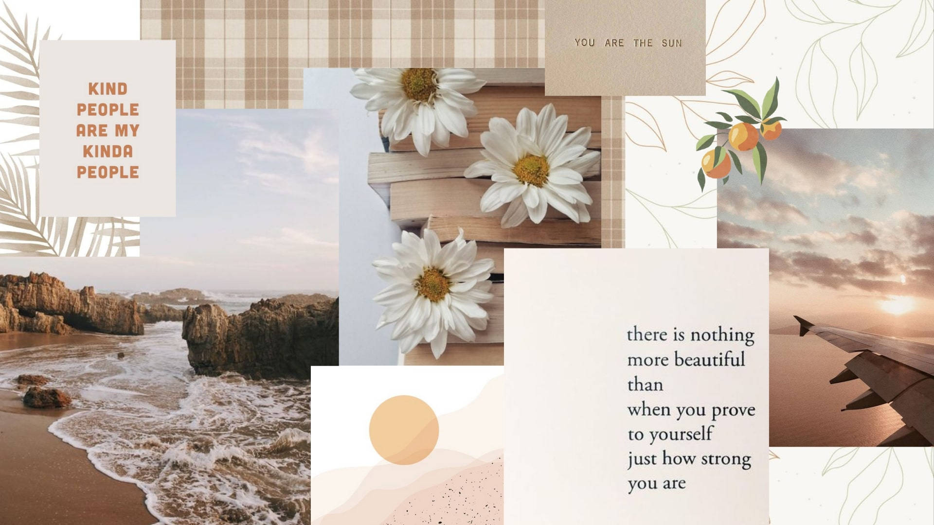 Pinterest Aesthetic 桌布 壁紙 — 以柔和粉彩色調呈現的海灘石頭、海洋、雛菊、飛機窗和勵志語錄拼貼。