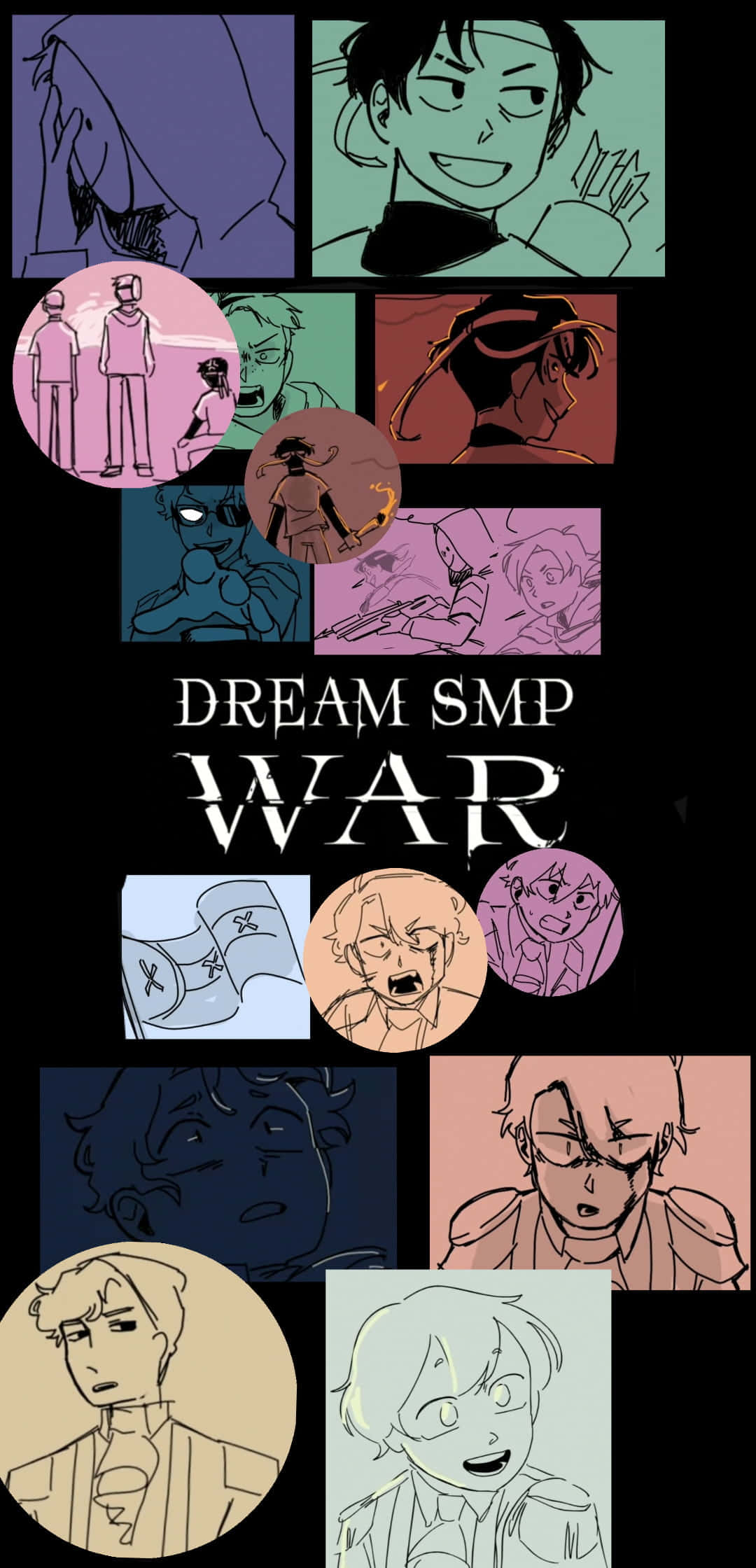 Dream Smp 桌布 壁紙 — 以柔和粉彩色調的動漫風格角色肖像拼貼，圍繞粗體文字「DREAM SMP WAR」排列。