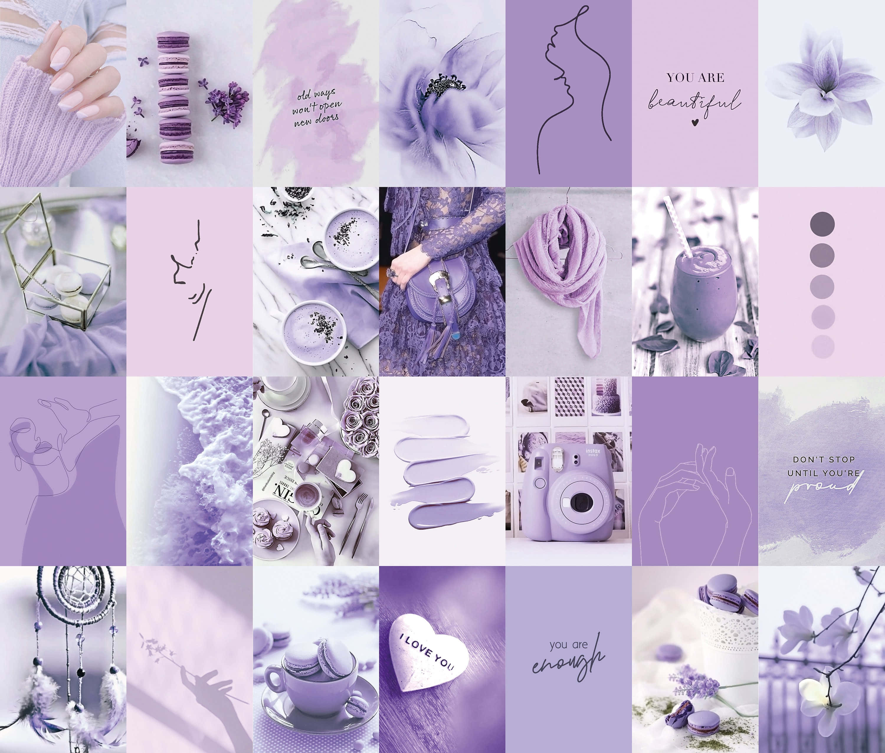 Purple Aesthetic Collage 桌布 壁紙 — 以柔和粉彩調為主題的薰衣草拼貼畫，包含馬卡龍、花朵、手部和勵志語句。
