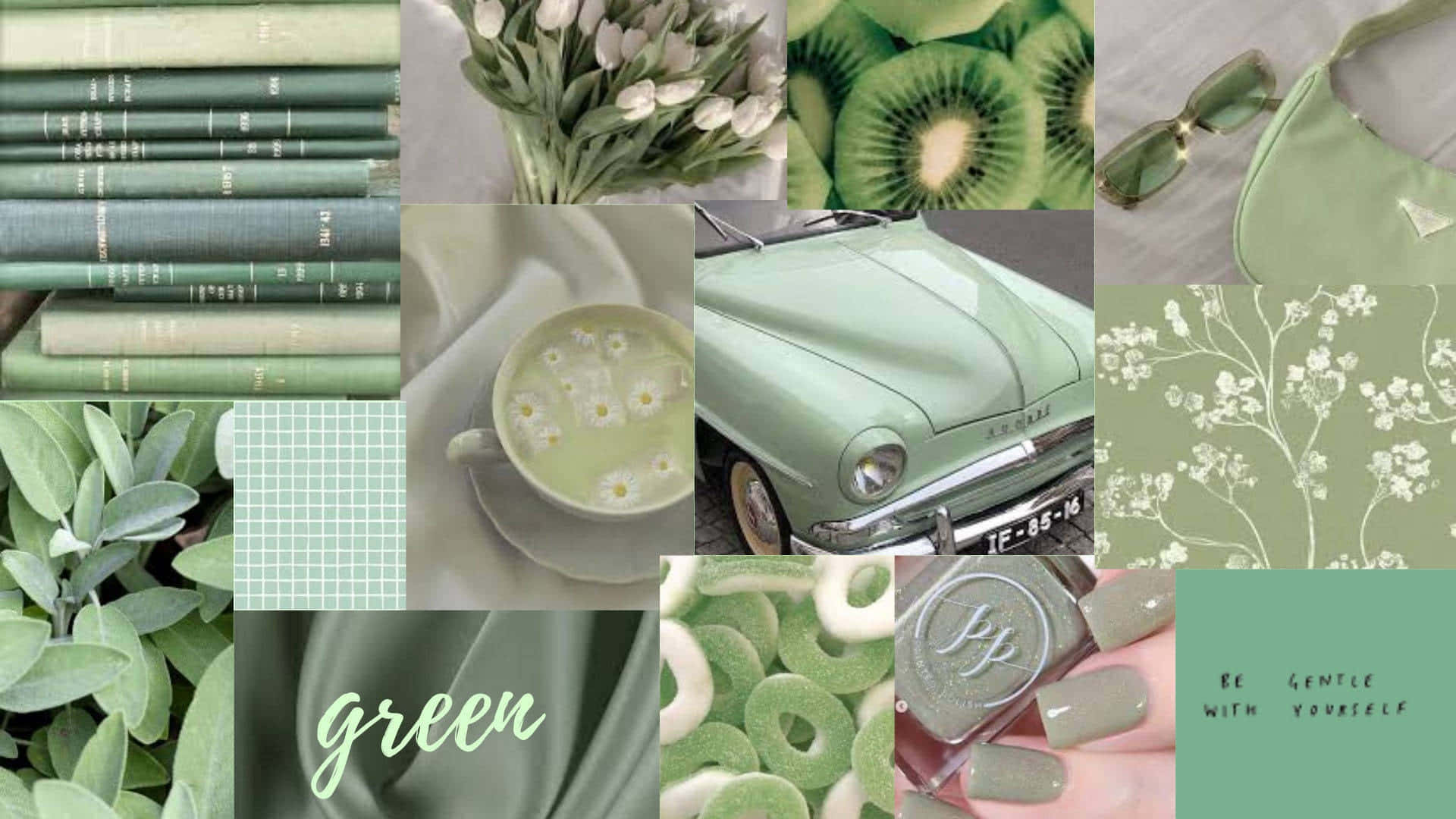 Sage Green Collage 桌布 壁紙 — 以柔和粉彩調的書籍、花朵、奇異果、汽車、茶和指甲油組成的舒緩綠色主題拼貼畫。