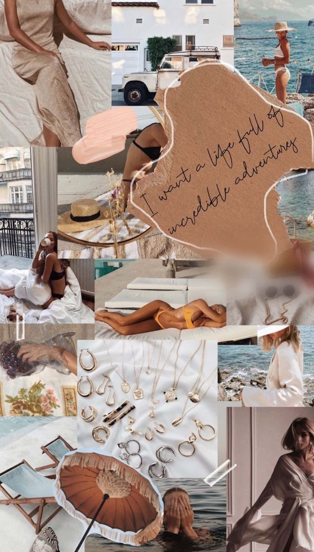 iPhone Collage 桌布 壁紙 — 以柔和粉彩調色，海邊休閒珠寶展示與手寫冒險語錄的夢幻拼貼。