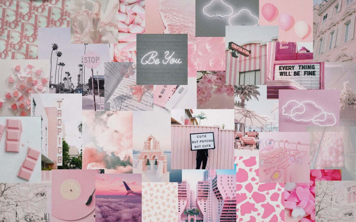 Pretty Aesthetic Computer 桌布 壁紙 — 以柔和粉彩質感呈現的夢幻粉調拼貼畫，包含城市景觀、雲朵和勵志語錄。