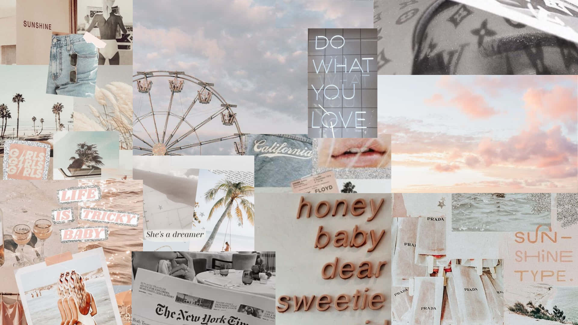Collage Aesthetic Summer Laptop 桌布 壁紙 — 以柔和粉紅、蜜桃和奶油色調為主的夢幻拼貼，包含棕櫚樹、渡輪、日落、時尚單品和勵志語錄。