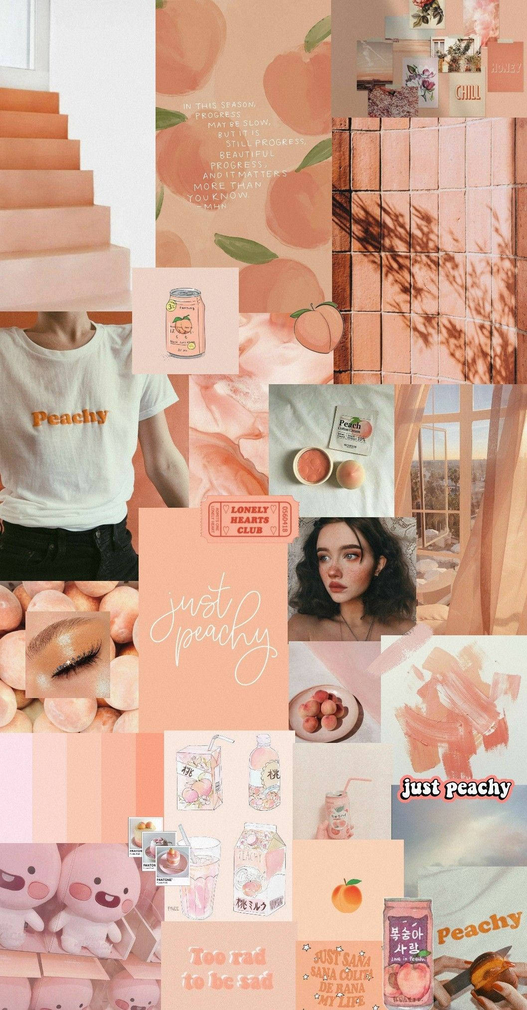 Peach Aesthetic 桌布 壁紙 — 以柔和粉紅和橙色色調為背景，包含樓梯、飲品、文字和穿著蜜桃色襯衫人物的蜜桃主題拼貼畫。