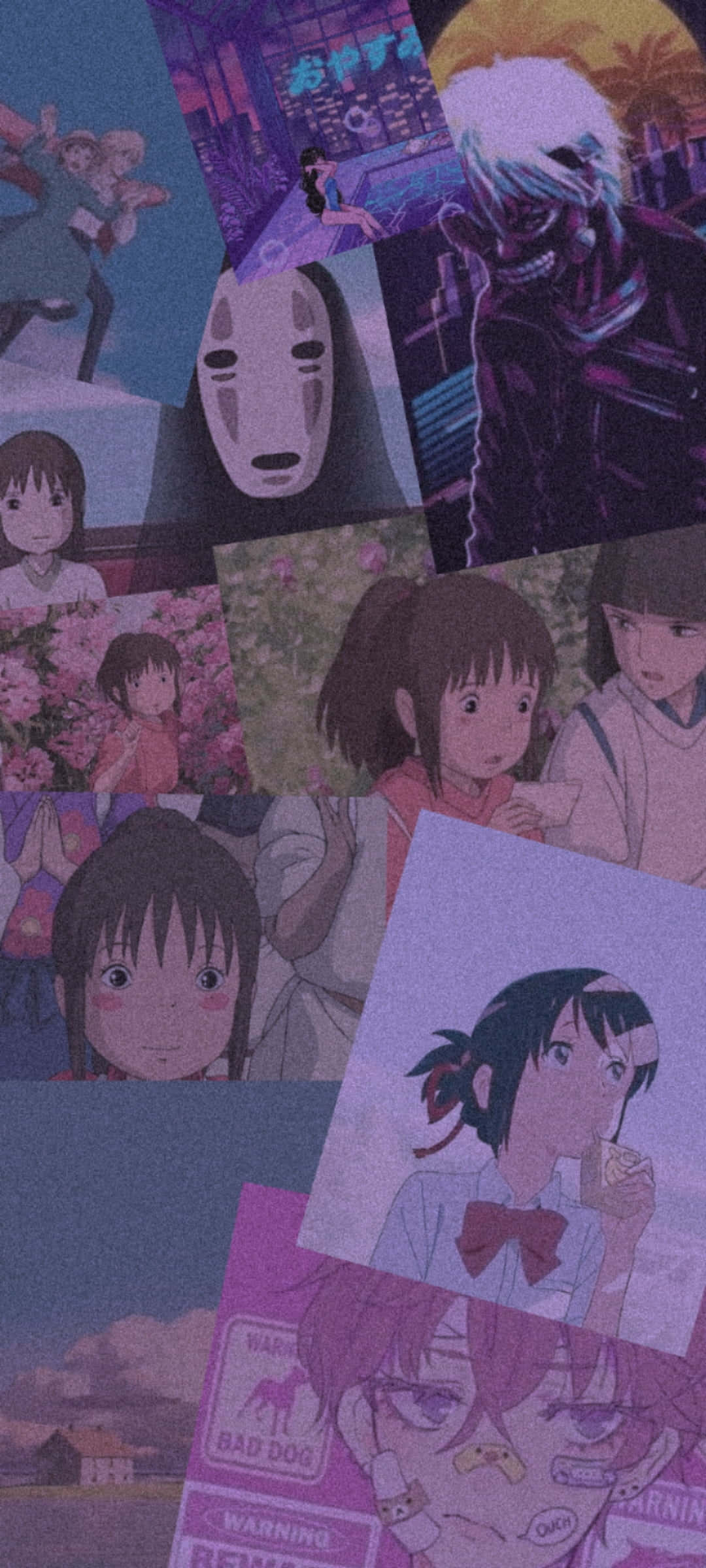 Chill Anime Phone 桌布 壁紙 — 以柔和紫色和粉紅色調呈現的動漫角色與場景拼貼，帶有夢幻懷舊的美感。