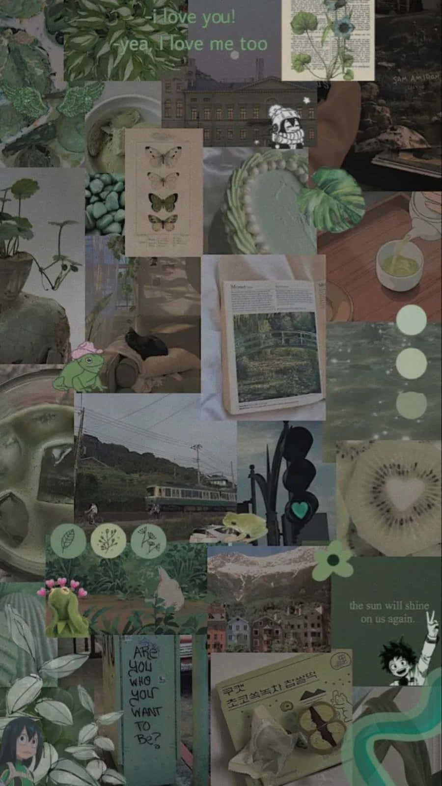 Aesthetic Sage Green 桌布 壁紙 — 以柔和綠色調拼貼自然照片、書籍、動漫角色和手寫語錄，呈現夢幻美學。