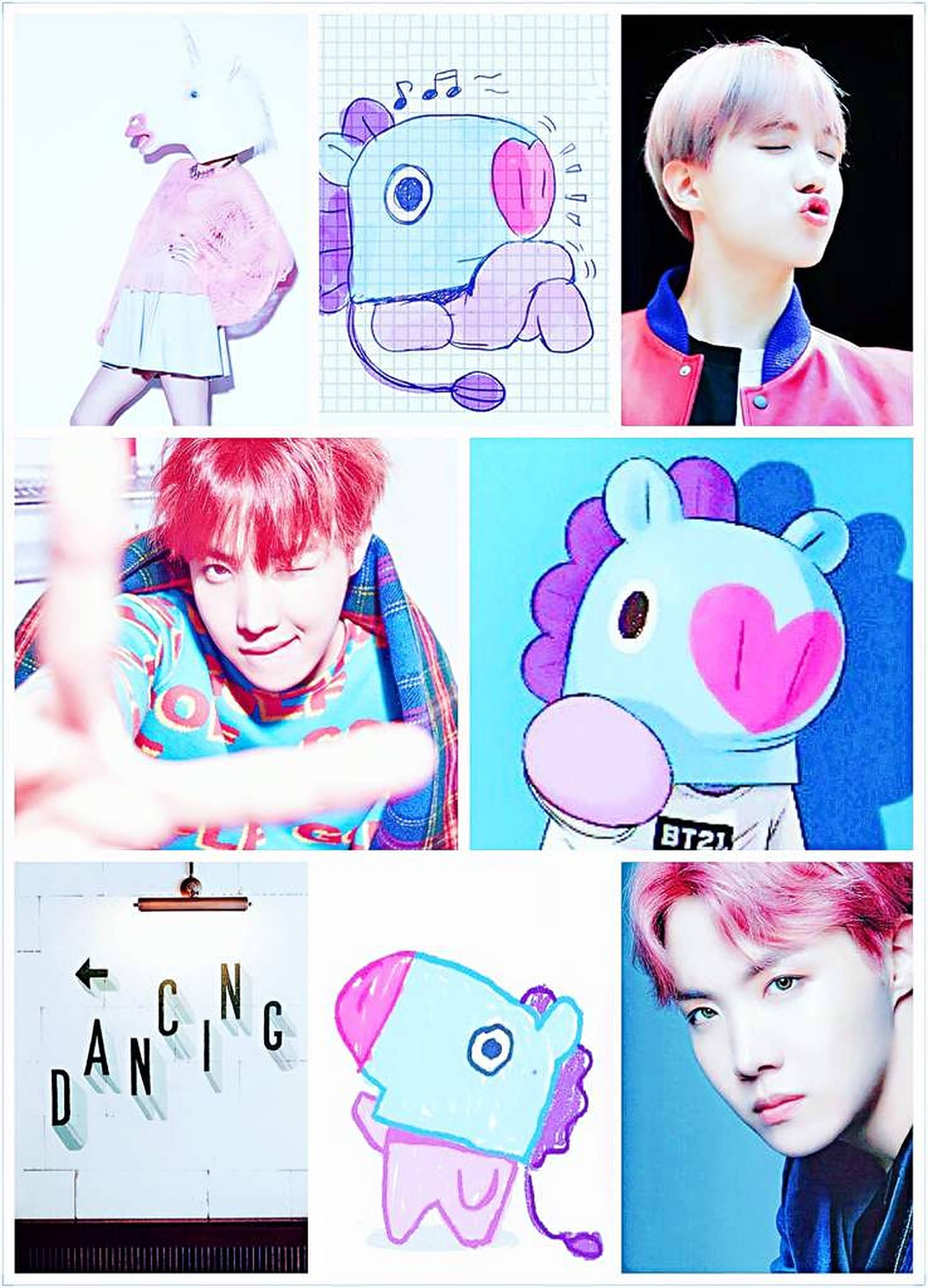 mang bt21 桌布 壁紙 — 以柔和色彩和俏皮塗鴉呈現的K-pop偶像與可愛卡通角色的活力拼貼。