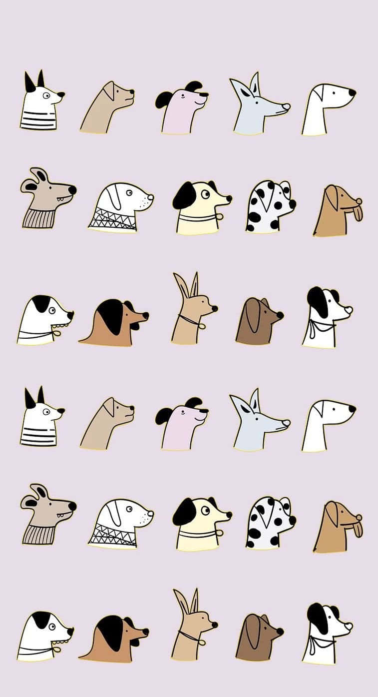 Aesthetic Dog 桌布 壁紙 — 以柔和色調、簡單圖案和極簡輪廓呈現的風格化狗頭插圖網格。