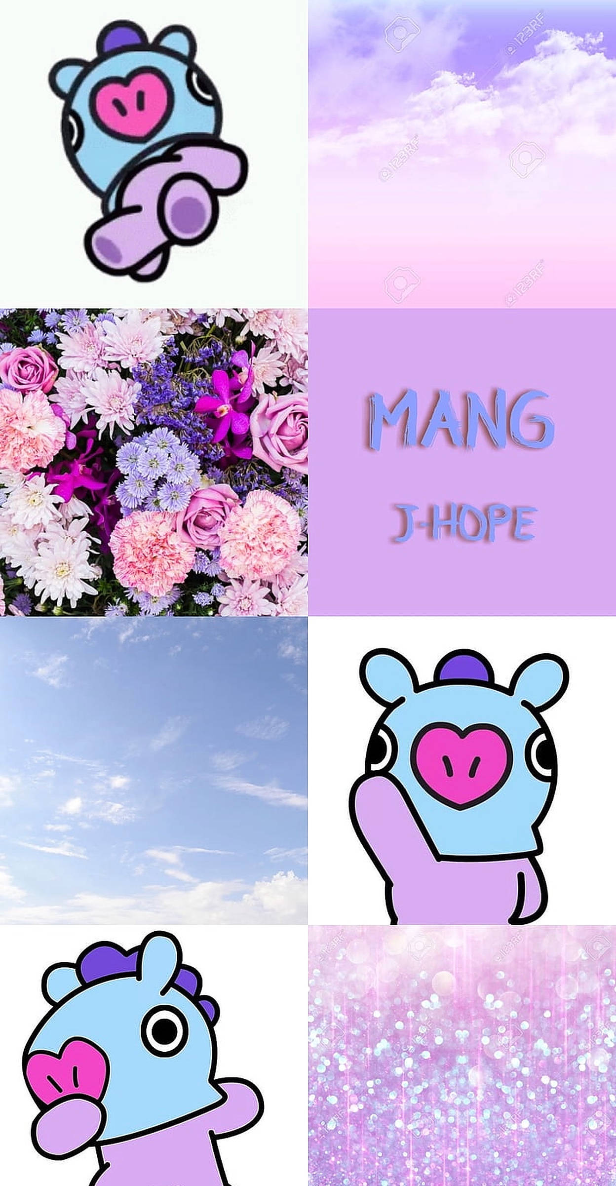 mang bt21 桌布 壁紙 — 以柔和色調呈現的可愛卡通角色與花卉天空拼貼畫。