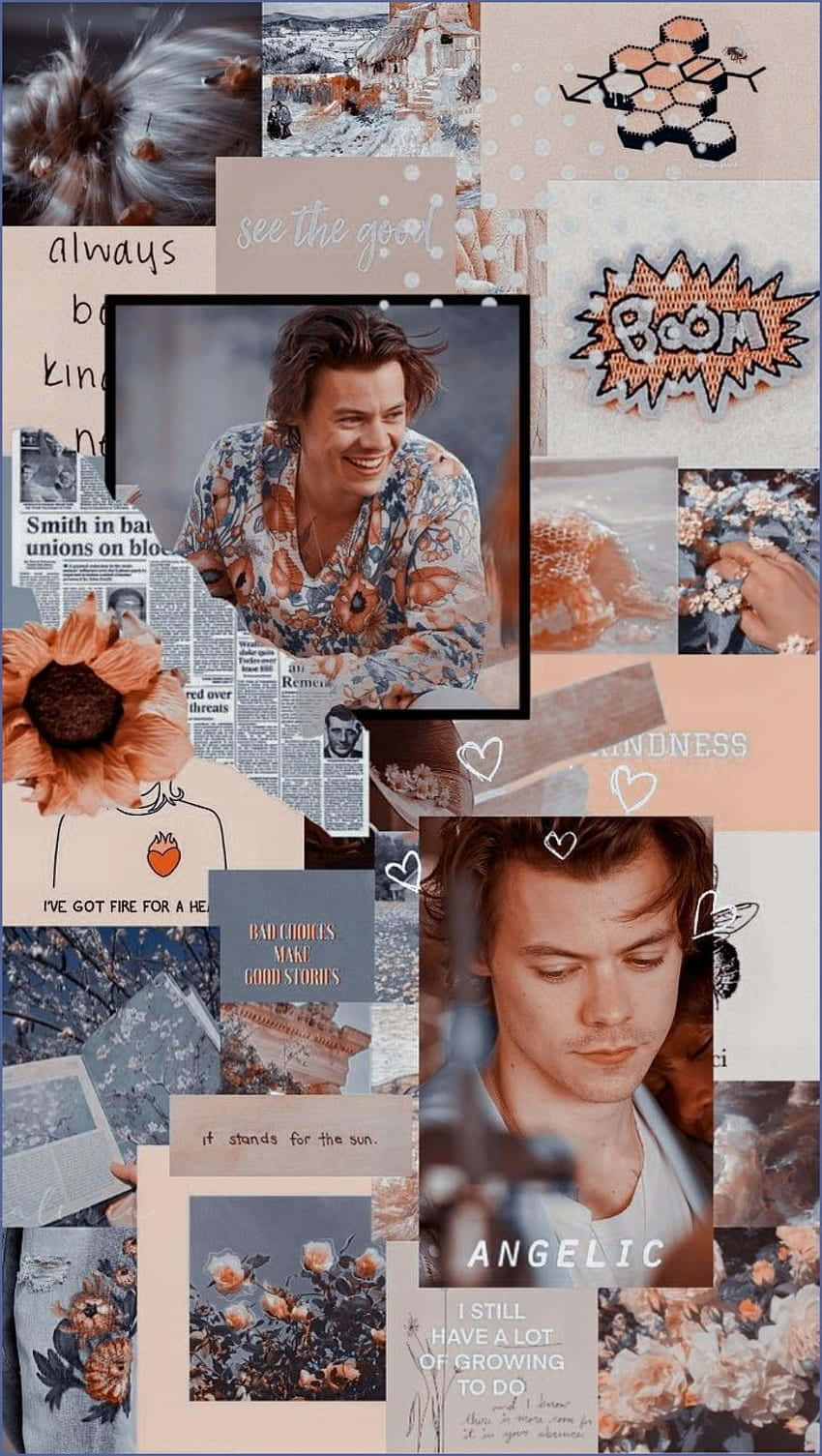 哈利·史泰爾斯 桌布 壁紙 — 以柔和色調拼貼的 collage，包含 Harry Styles 照片、花朵、漫畫風格「BOOM」文字和手寫語錄，營造夢幻美感。