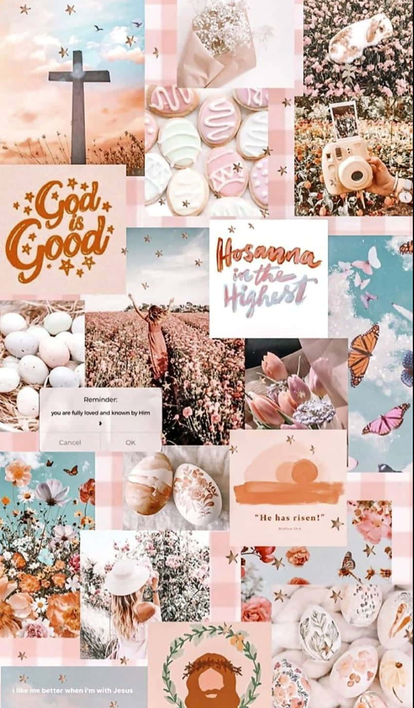 Cute Easter iPhone 桌布 壁紙 — 以柔和色調拼貼的復活節主題圖片，包括蛋、花朵、十字架和鼓舞人心的基督教語錄。