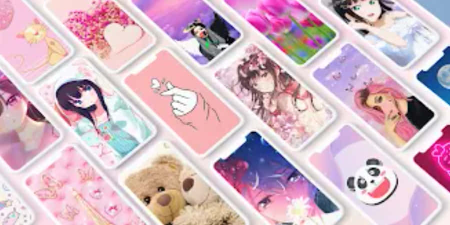 Beautiful Girly 桌布 壁紙 — 以柔和色調為主的彩色動漫風格手機桌布網格，包含角色和可愛設計。