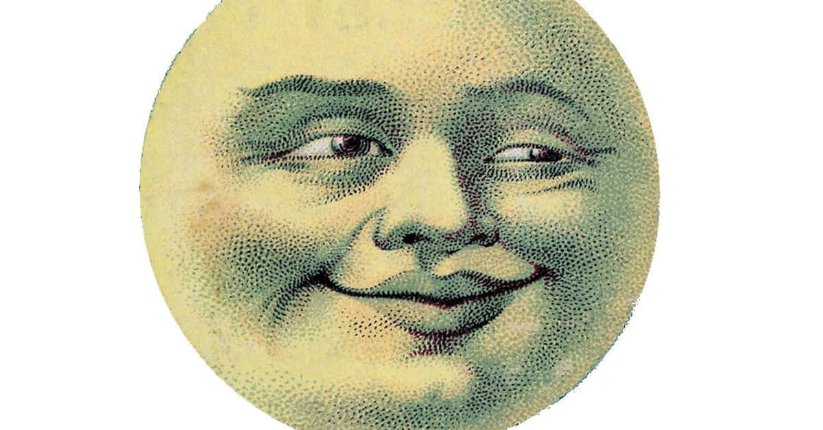 Moon Face 桌布 壁紙 — 以柔和黃色和綠色色調的復古點畫風格繪製的歡樂微笑月亮臉。
