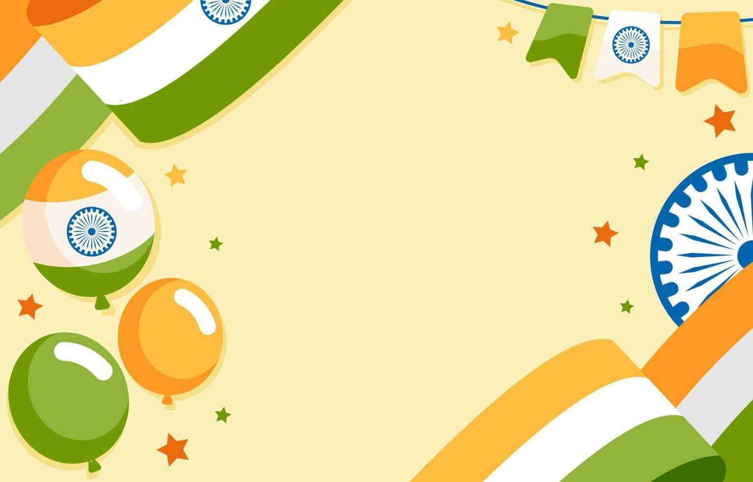 Republic Day 桌布 壁紙 — 以柔和黃色背景為襯托，充滿活力的印度國旗主題插圖，配有氣球和橫幅，慶祝民族自豪感。