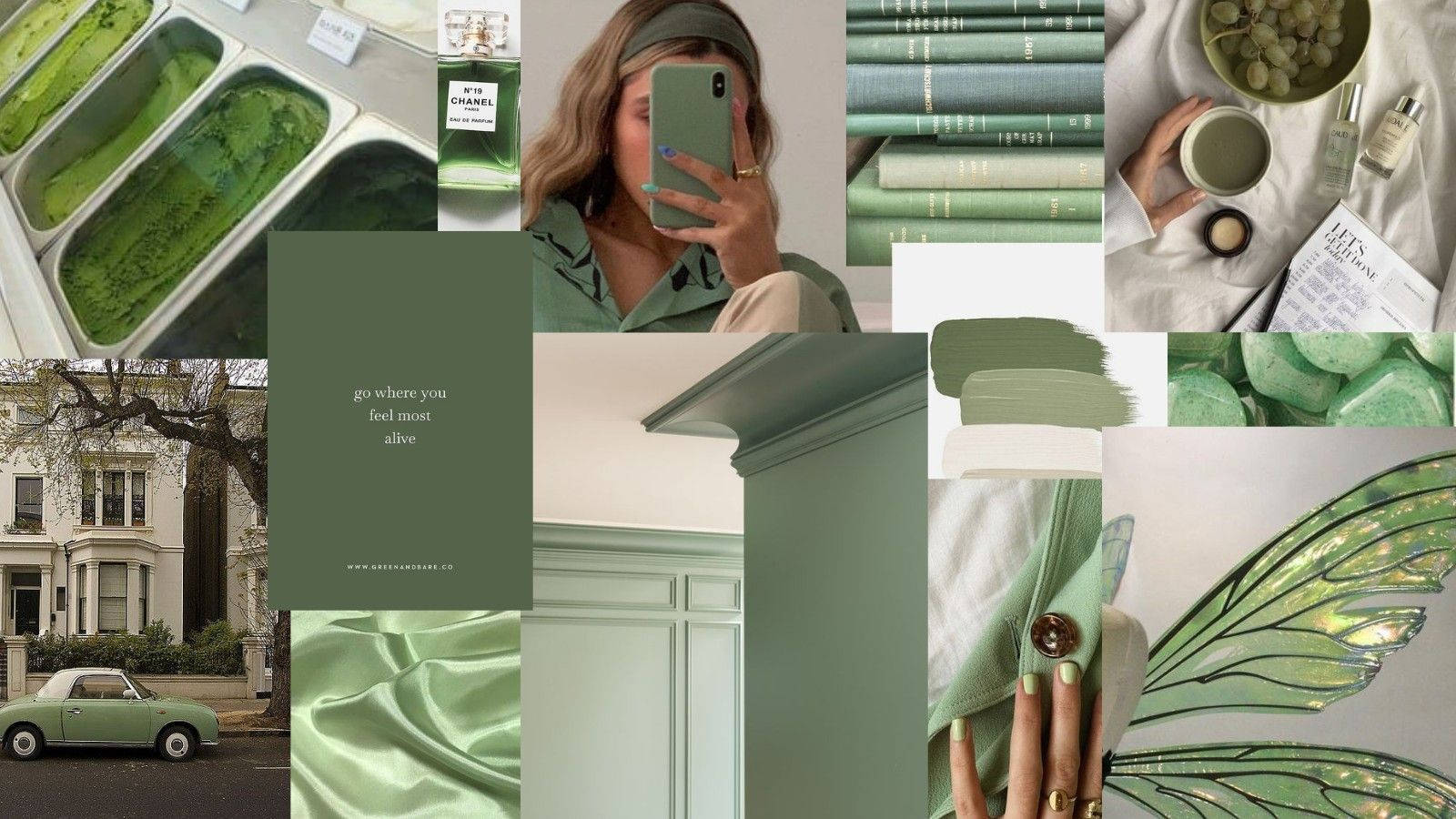 Chanel Aesthetic 桌布 壁紙 — 以柔和鼠尾草色調呈現的寧靜綠色主題拼貼畫，包含冰淇淋、書籍、香水和復古汽車。