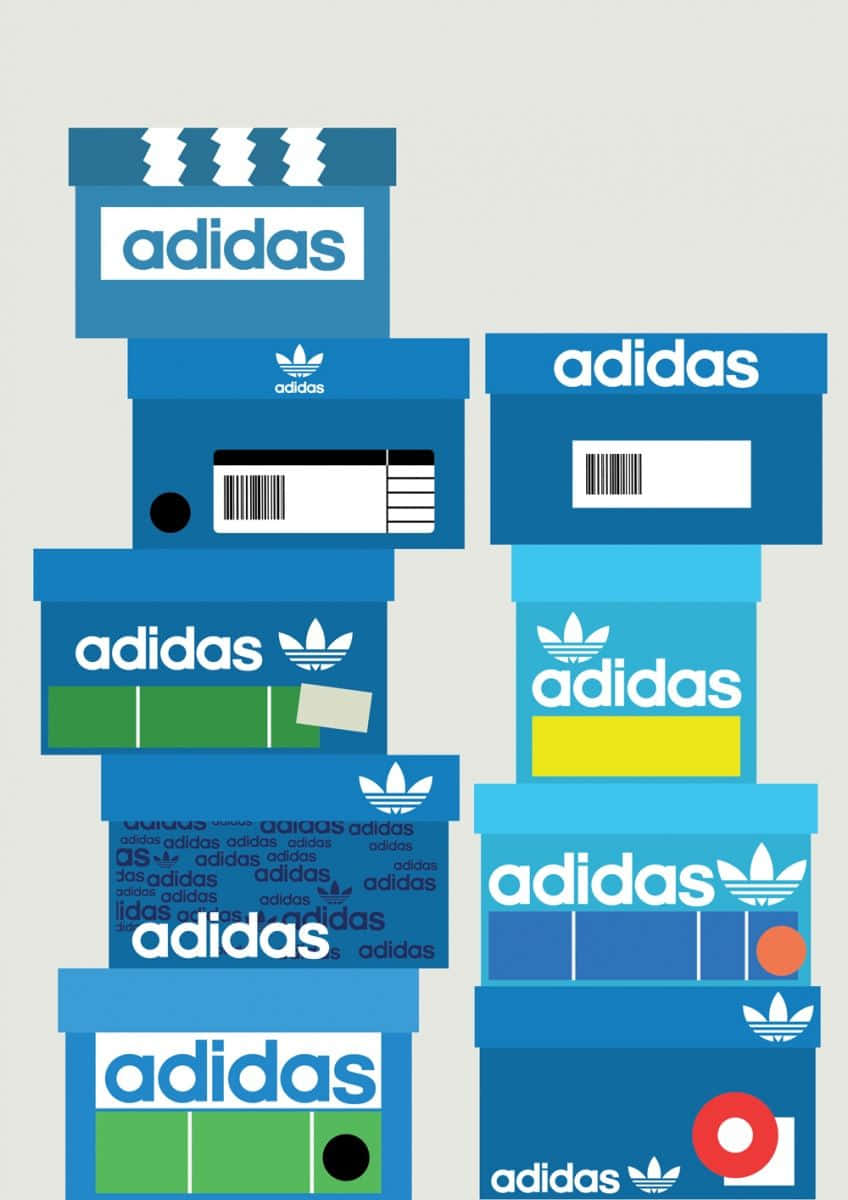 Shoe Box 桌布 壁紙 — 以極簡圖形風格設計的藍色 adidas 鞋盒堆疊，帶有各種色彩點綴和品牌標誌。