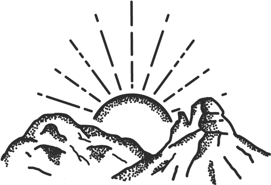 Sunrays 桌布 壁紙 — 以極簡線條藝術描繪太陽從風格化山峰升起，帶有虛線光線。