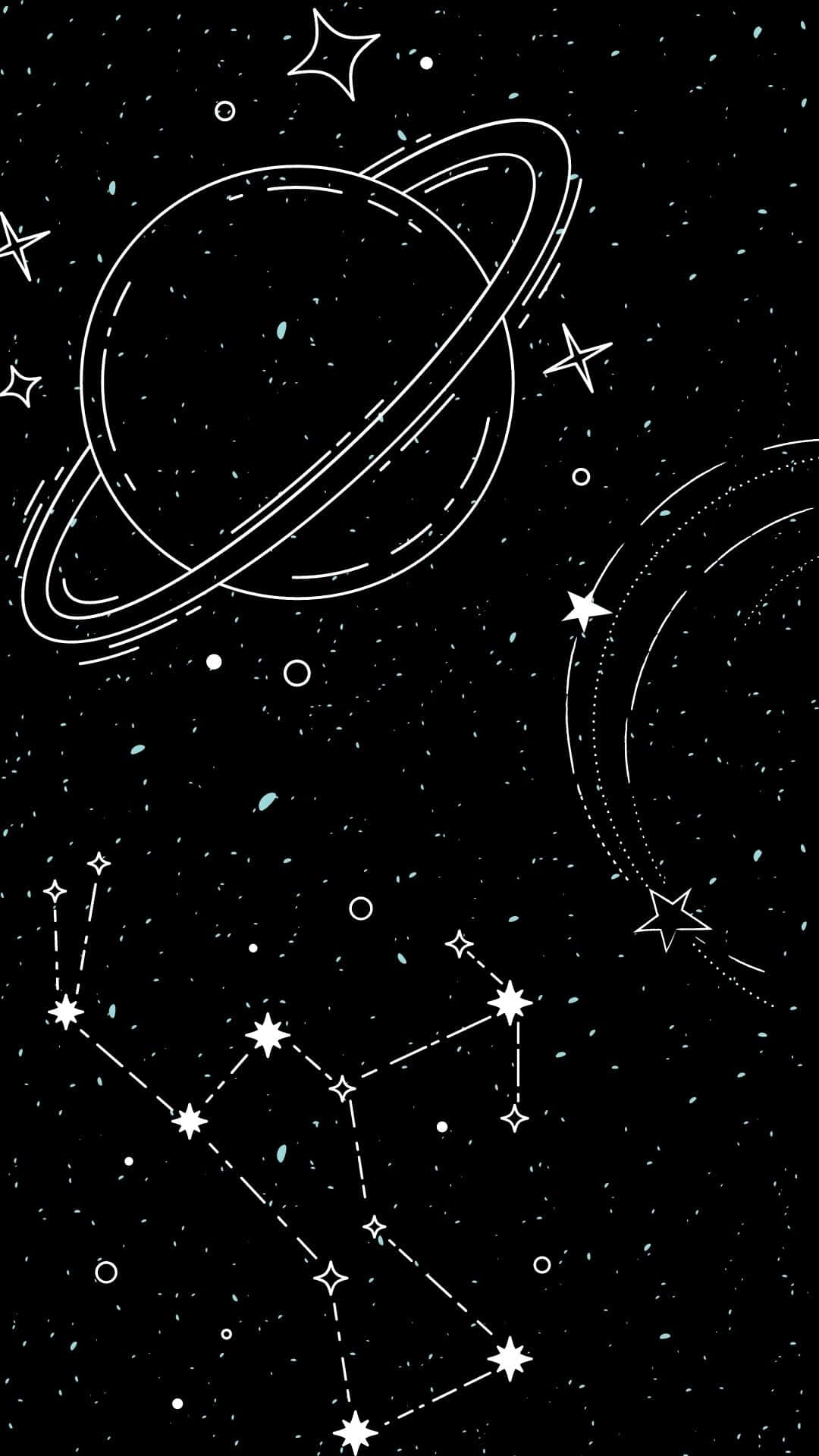 酷 桌布 壁紙 — 以極簡線條藝術描繪帶環行星和星座，背景是星光閃爍的黑色夜空。