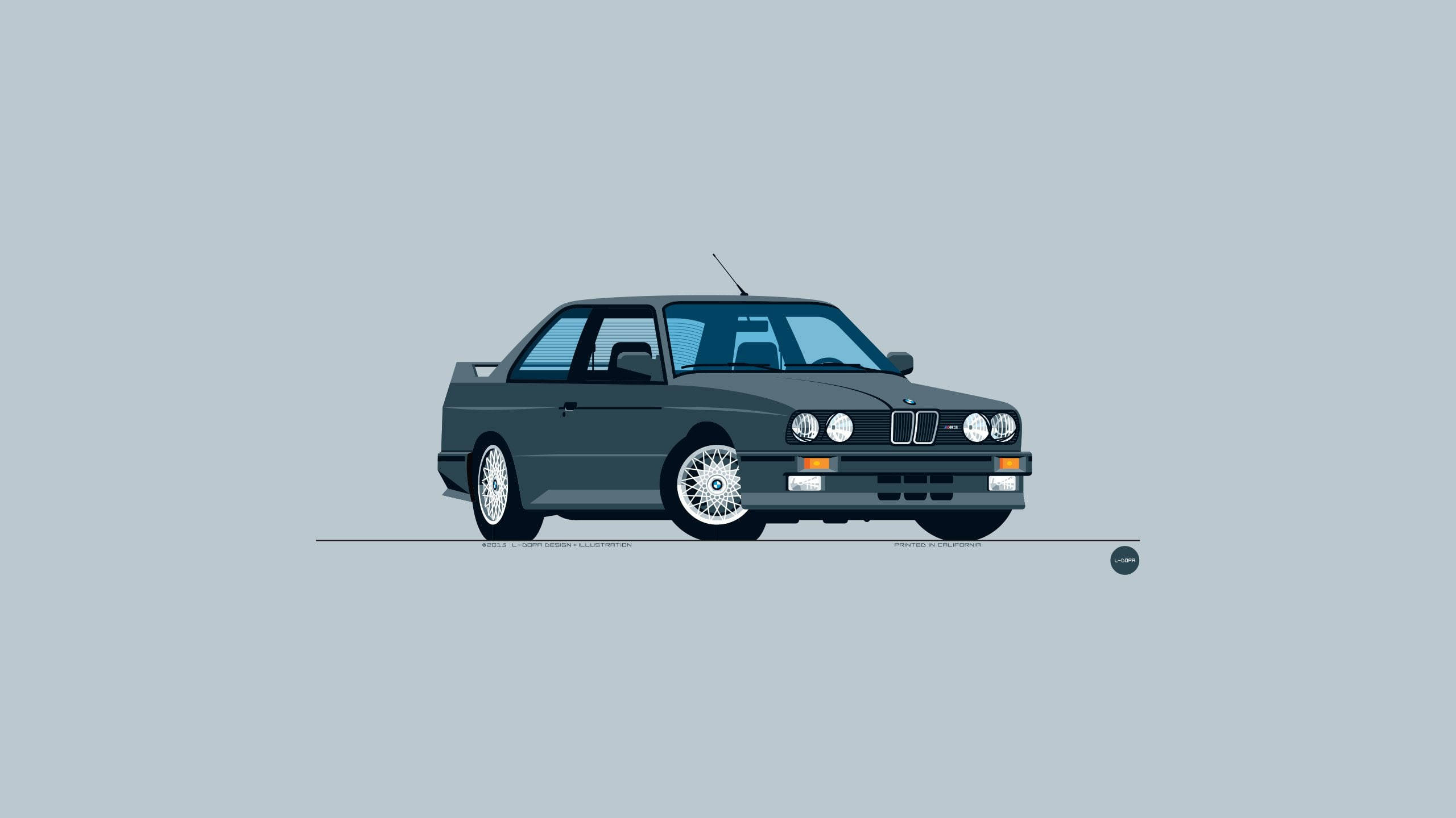 高清 桌布 壁紙 — 以極簡風格繪製的時尚深灰色BMW E30雙門轎跑車，背景為純淺灰色。