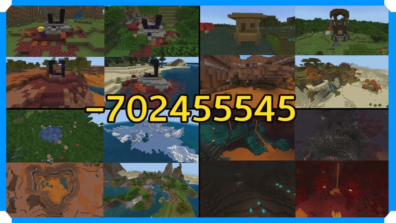 Minecraft Bedrock Edition 桌布 壁紙 — 以標誌性方塊像素藝術風格呈現的各種 Minecraft 景觀和建築拼貼畫。