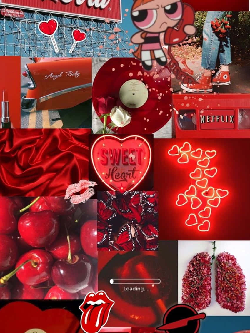 Soft Red Aesthetic 桌布 壁紙 — 以櫻桃、心形、動漫角色、黑膠唱片和流行文化圖標為特色的充滿活力的紅色主題拼貼畫。