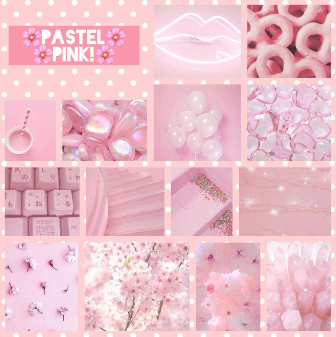 Pastel Pink Aesthetic 桌布 壁紙 — 以櫻花、霓虹嘴唇、氣球和全息糖果為特色的粉紅色拼貼，營造夢幻美學。