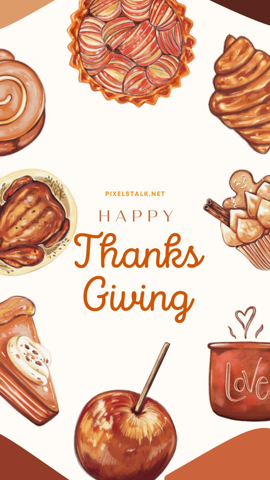Beautiful Thanksgiving 桌布 壁紙 — 以水彩風格呈現的感恩節盛宴，包括烤火雞、餡餅、肉桂卷和蘋果酒，並帶有「Happy Thanksgiving」字樣。