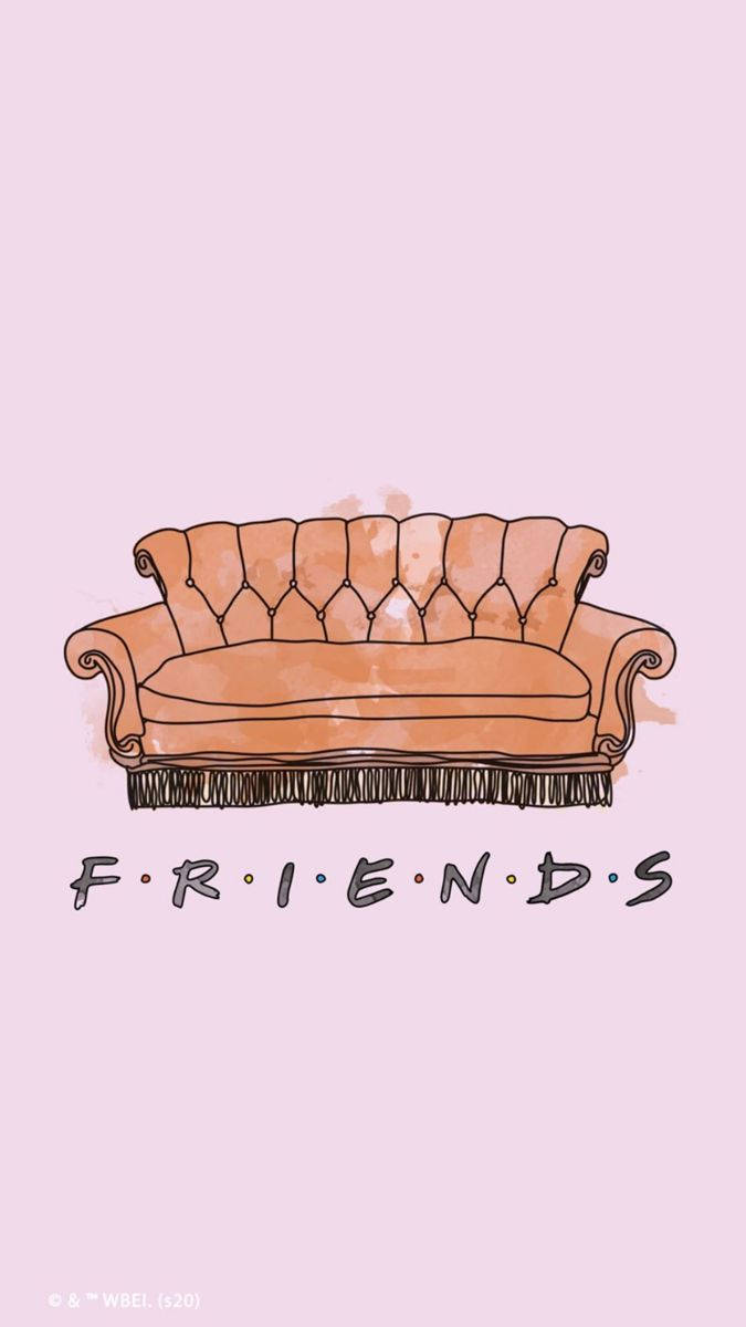 Friends 桌布 壁紙 — 以水彩風格繪製的《六人行》標誌性橙色簇絨沙發，搭配柔和粉紅色背景。